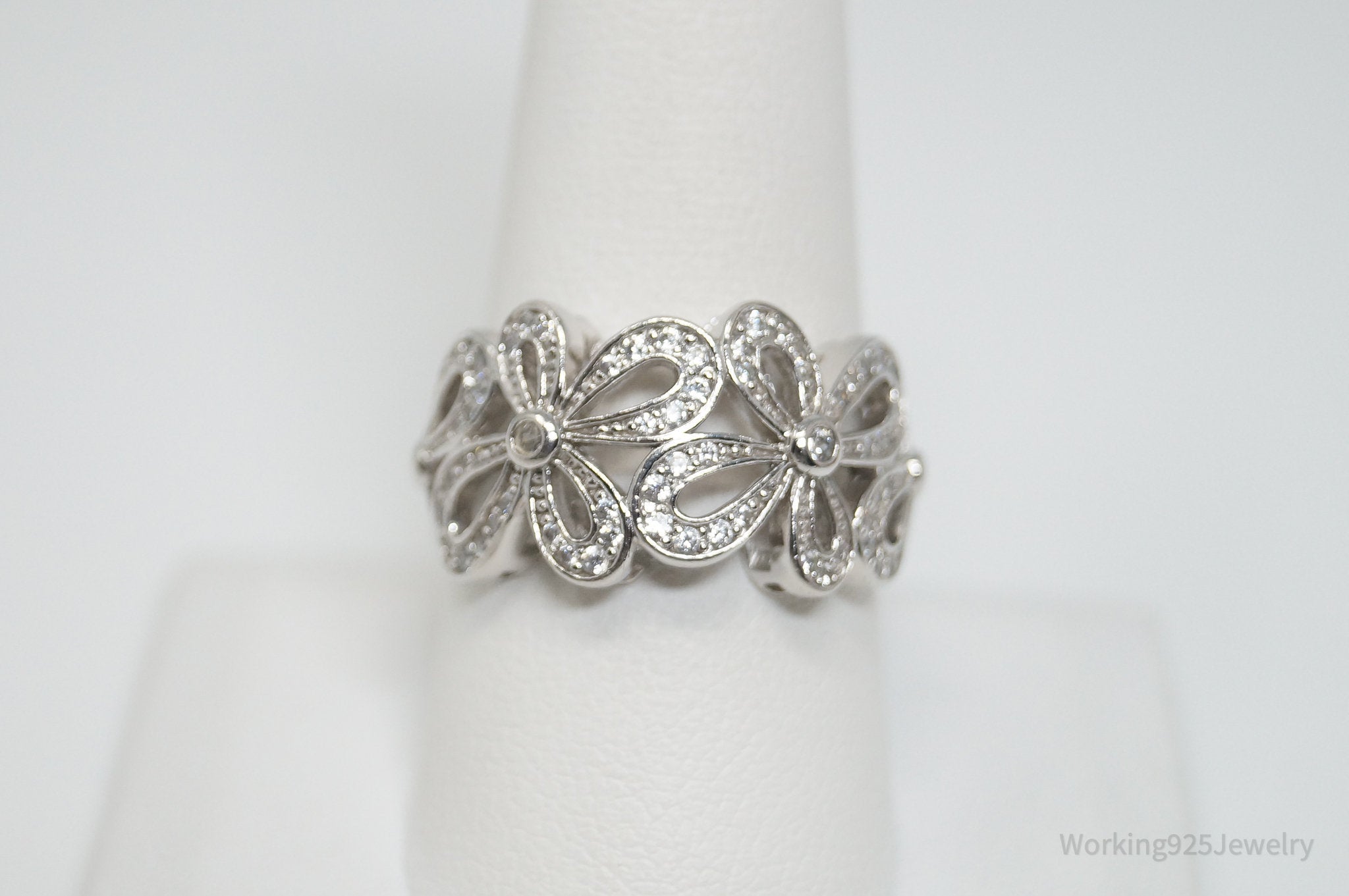 Vintage Designer SW Cubic Zirconia Floral Sterling Silver Ring - Sz 9