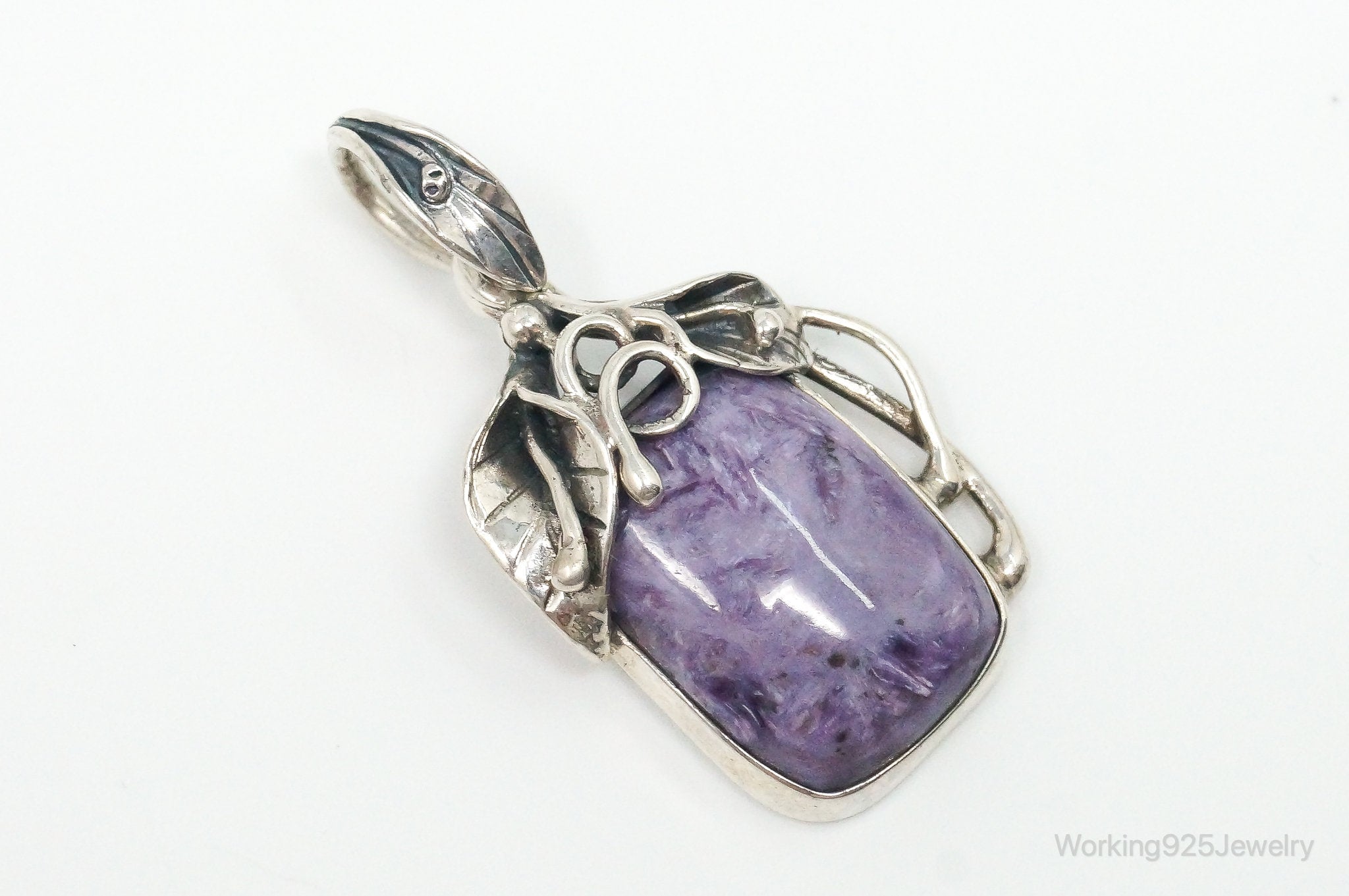 Vintage Large Charoite Sterling Silver Necklace Pendant