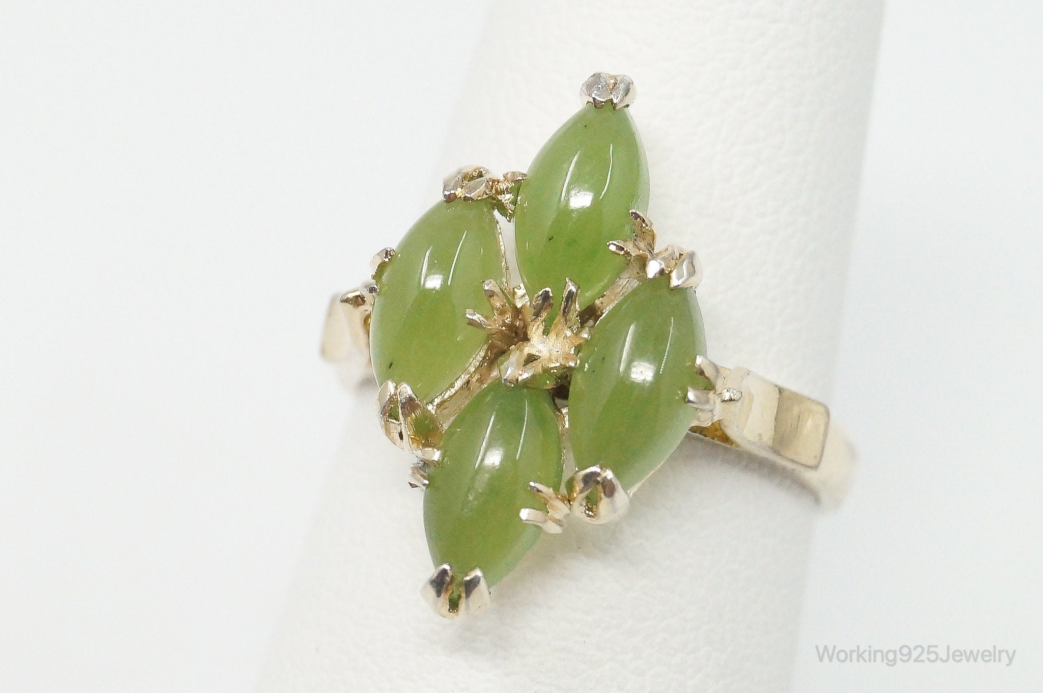 Antique Prehnite Art Deco Gold Vermeil Sterling Silver Ring - Size 5.75