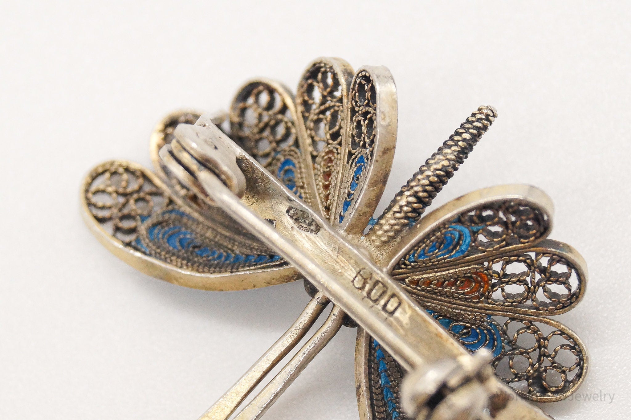 Vintage Butterfly Enamel Gold Wash 800 Silver Filigree Pin Brooch