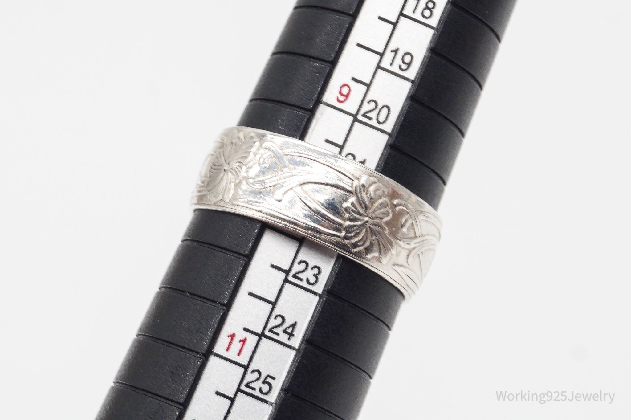 Antique Floral Art Nouveau Silver Band Ring - Size 9.75