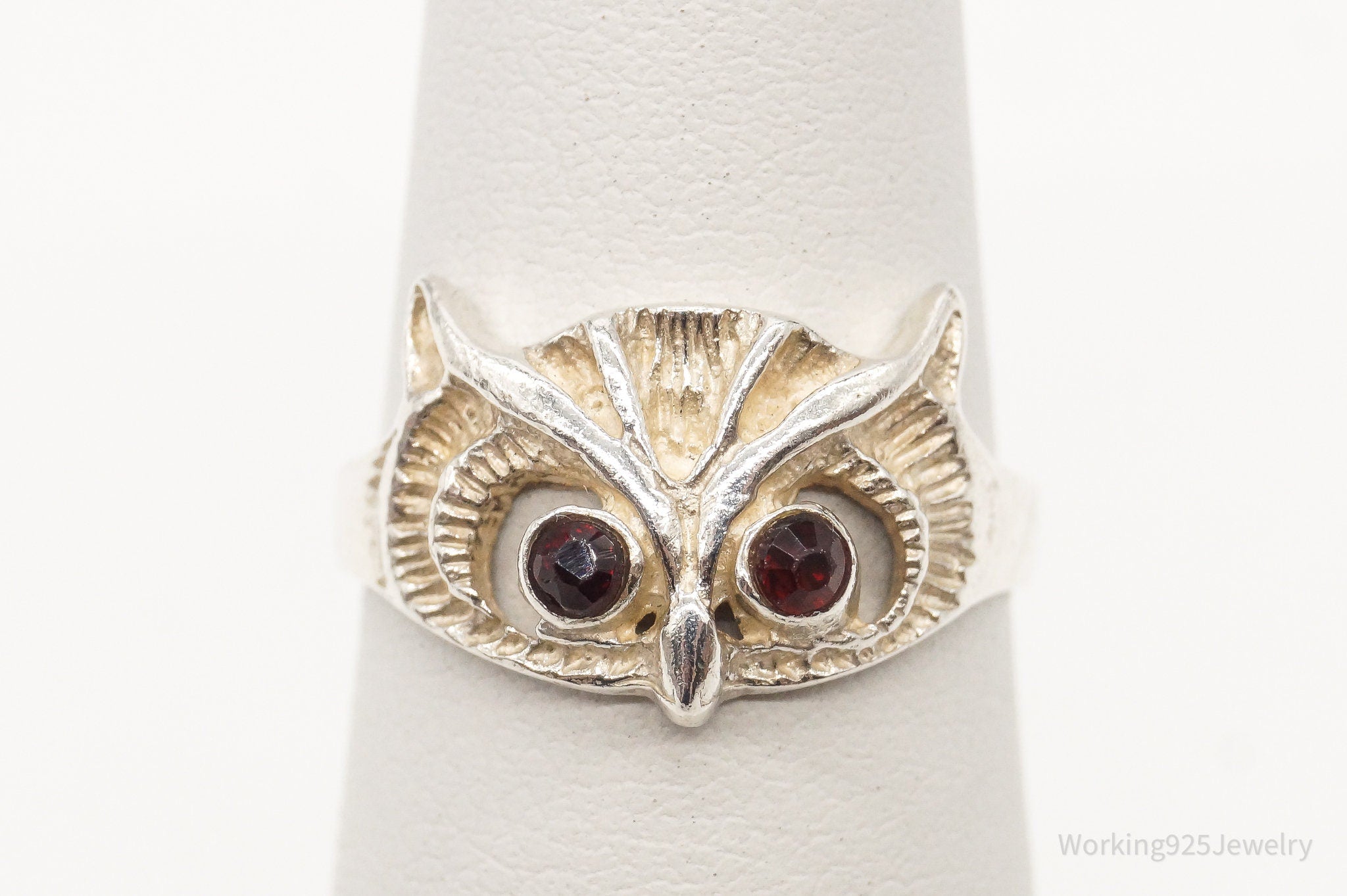 Vintage Garnet Eyed Owl Sterling Silver Ring - Size 4.5