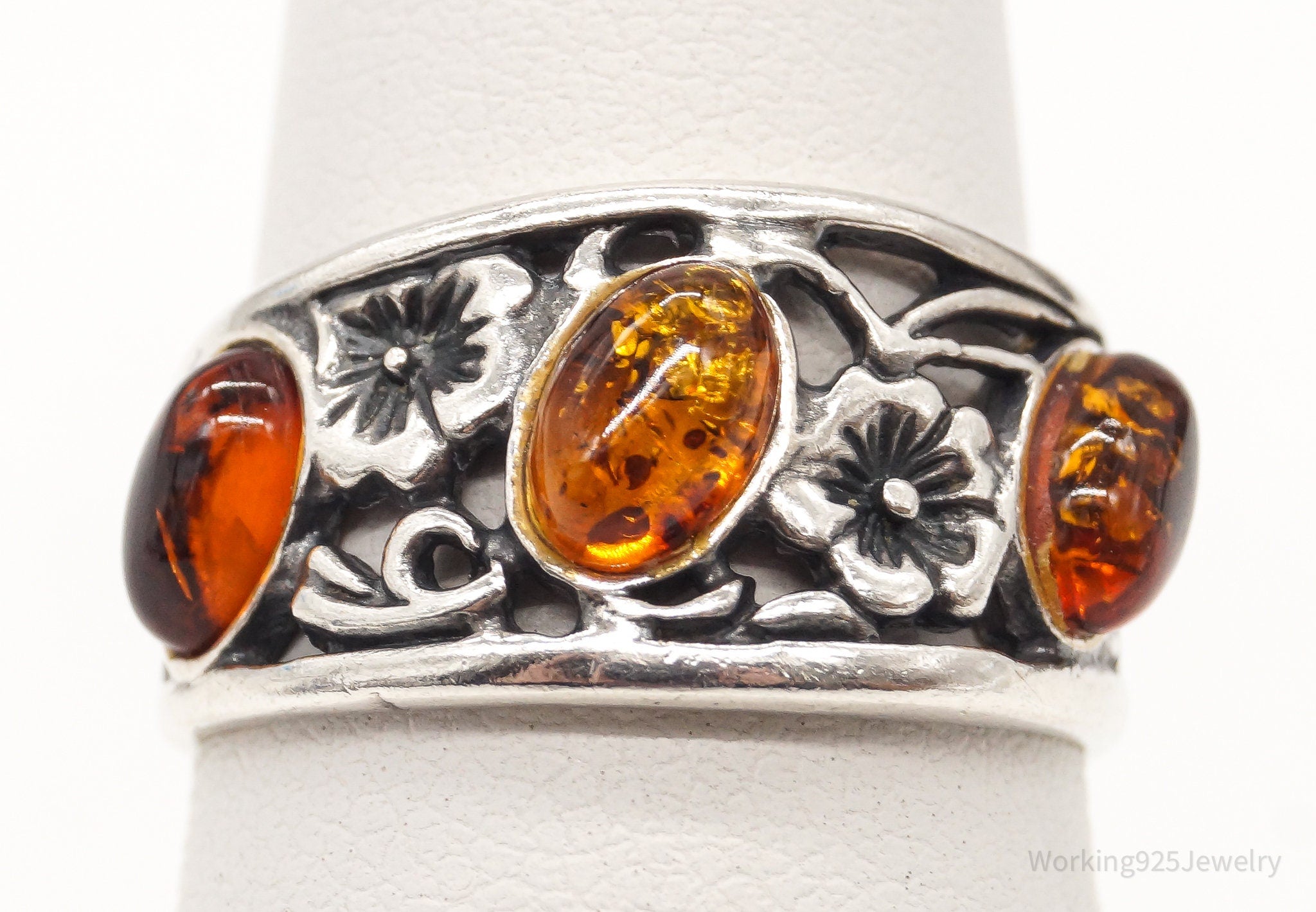 Vintage Baltic Amber Flowers Vines Sterling Silver Ring - Size 6.25