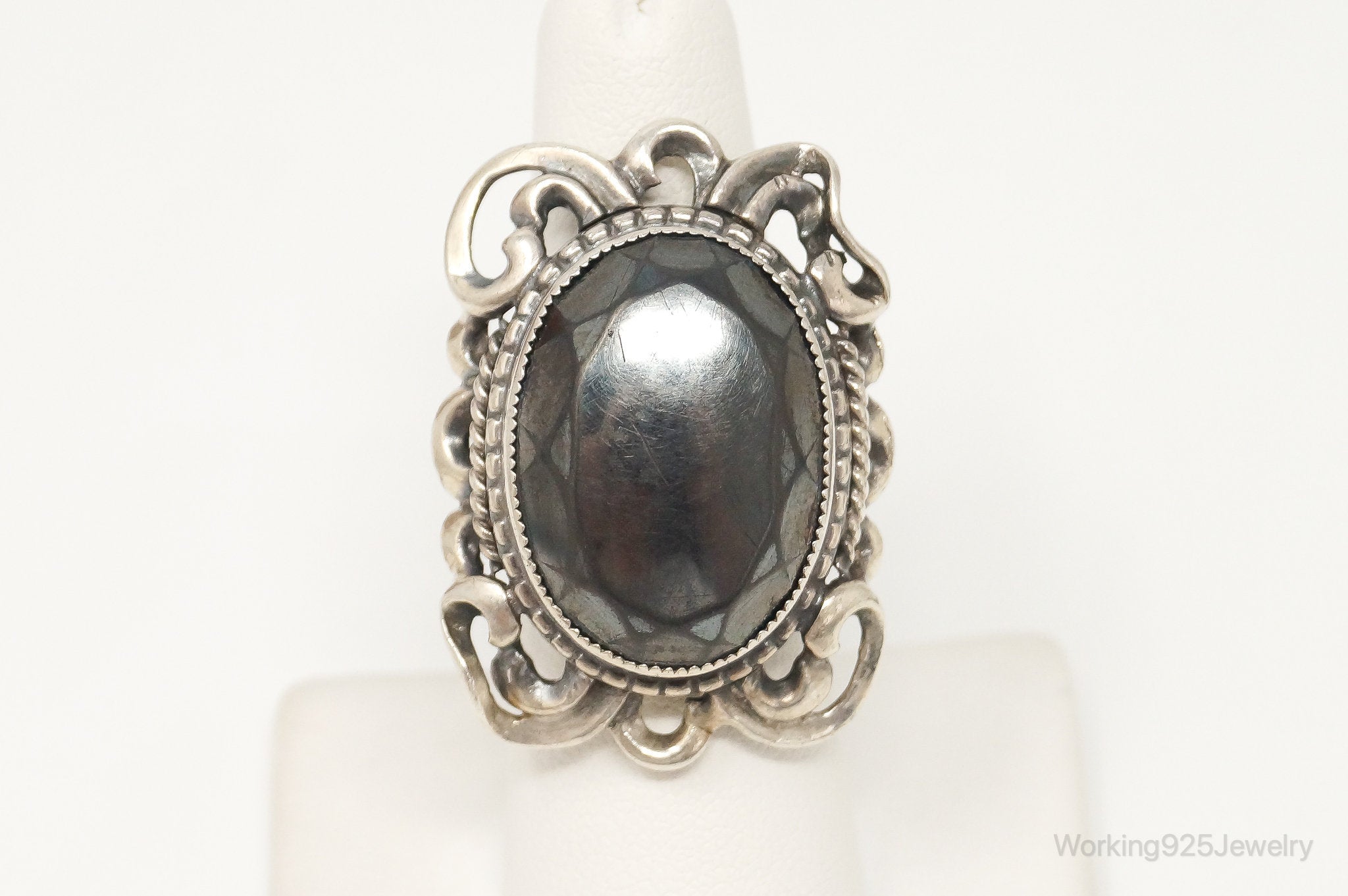 Antique Large Hematite Sterling Silver Ring - Size 6.25