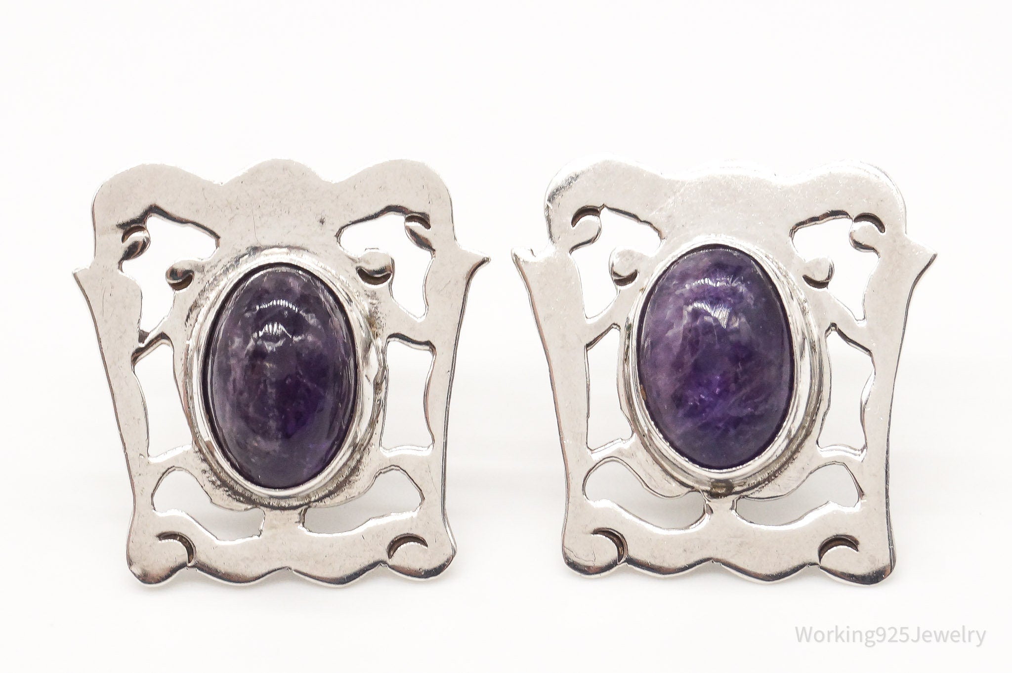 RARE Vintage Plateria Farfan Mexico Amethyst Sterling Silver Screw Back Earrings