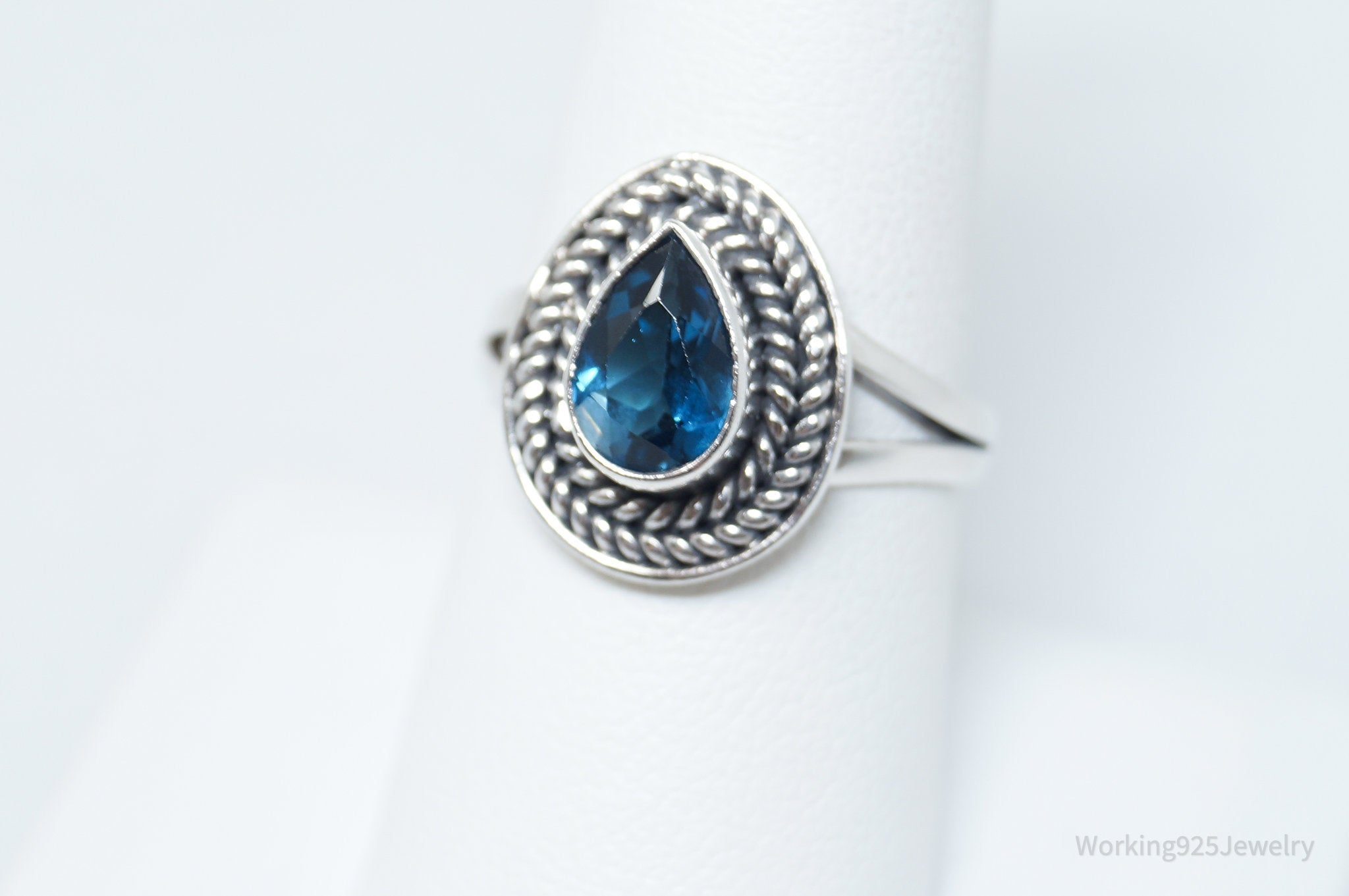 Vintage Blue Topaz Rope Braid Tear Drop Sterling Silver Ring - Sz 8