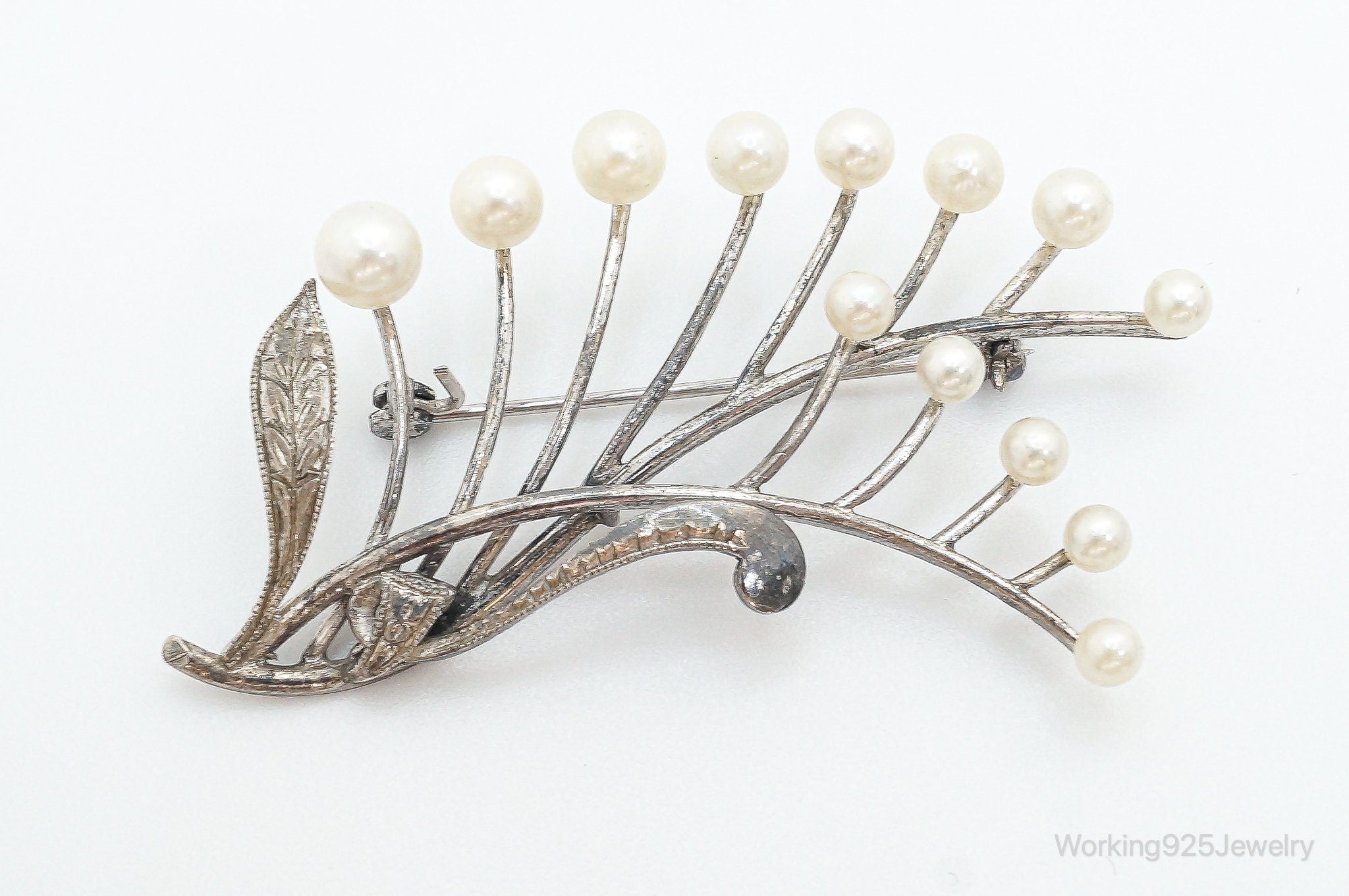 Large Antique Faux Pearl Sterling Silver Brooch Pin