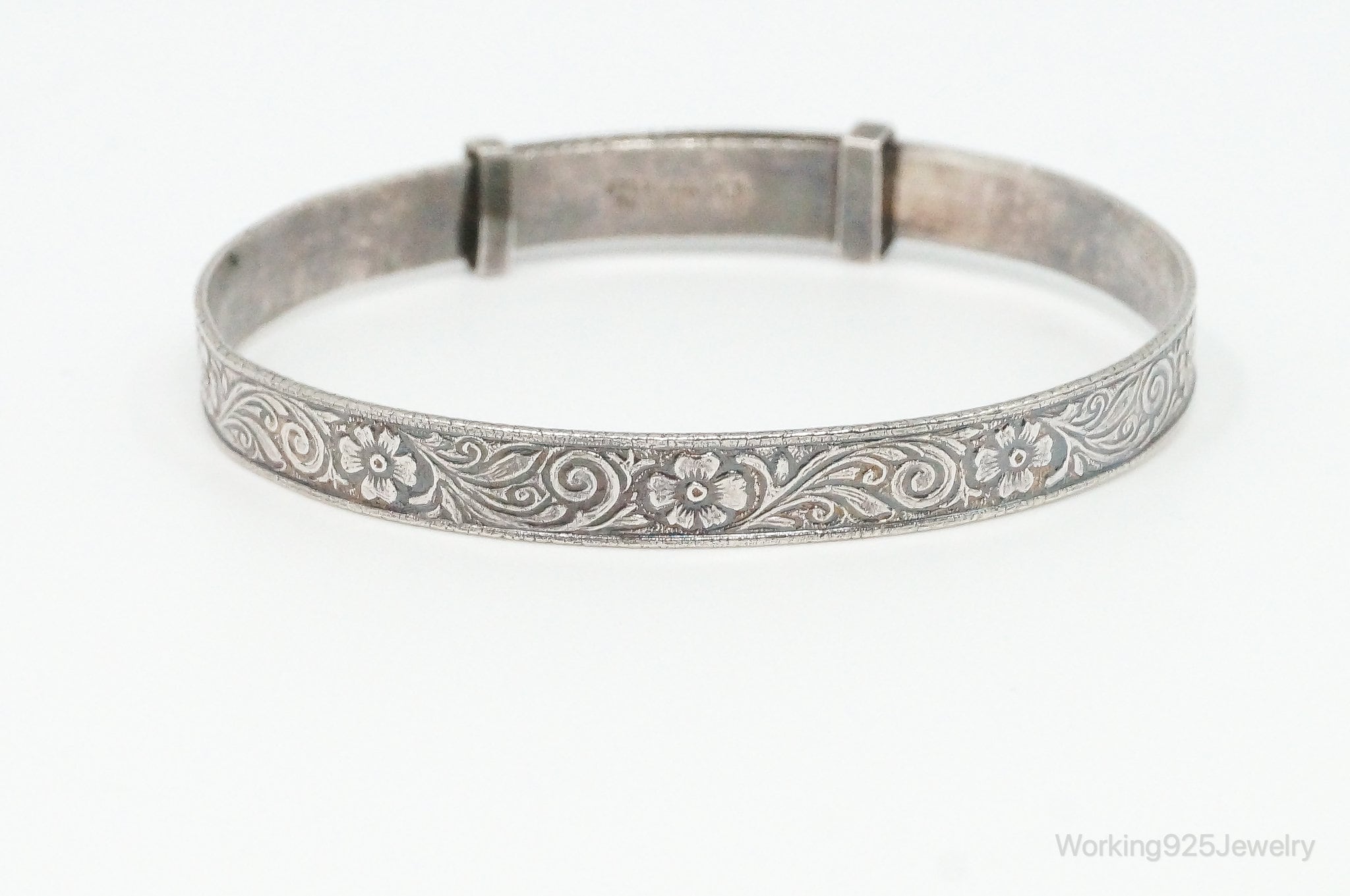 Antique Flowers Motif Sterling Silver Expanding Bangle Bracelet