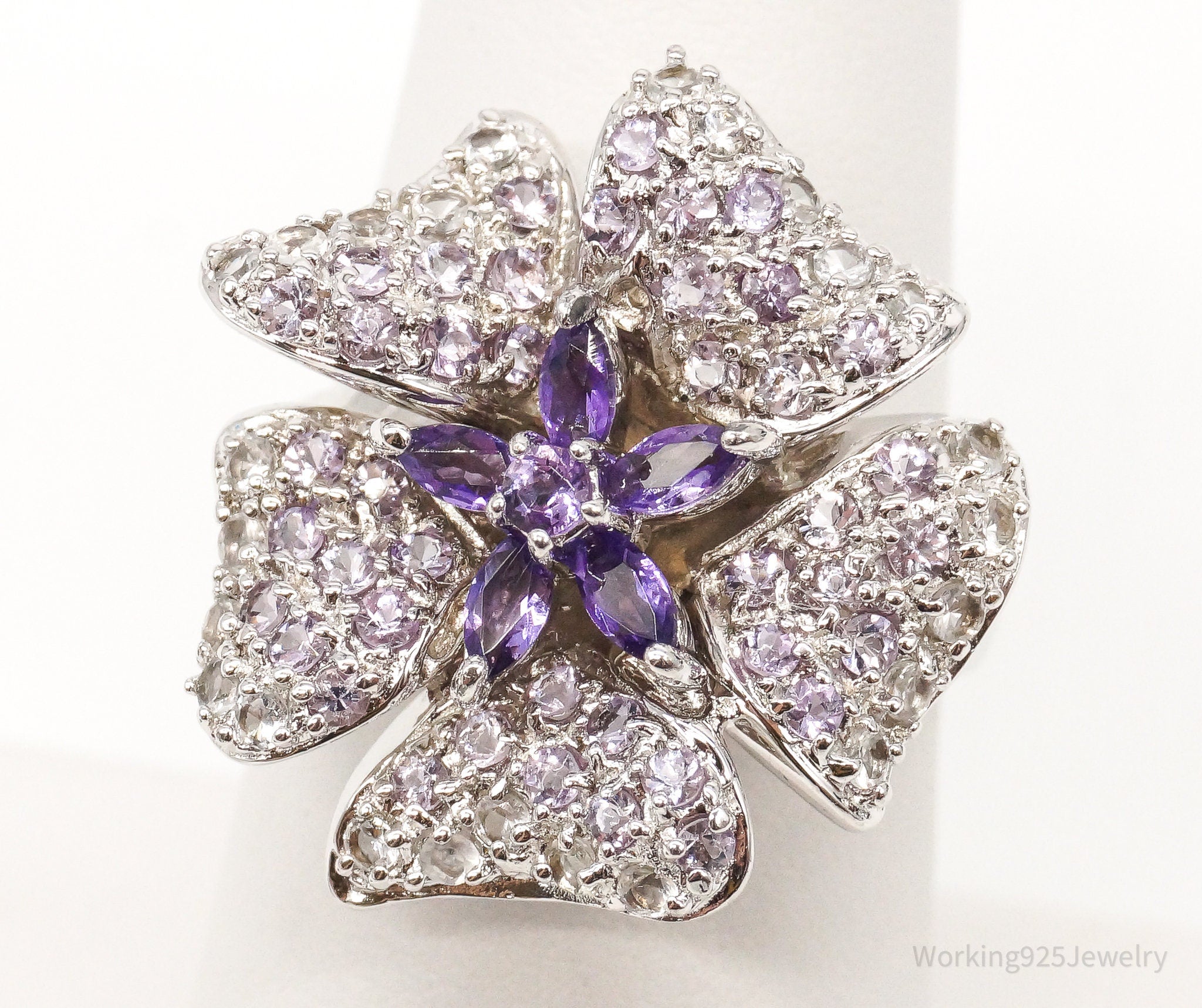 Designer Ross Simons Amethyst Cubic Zirconia Sterling Silver Flower Ring SZ 7.25