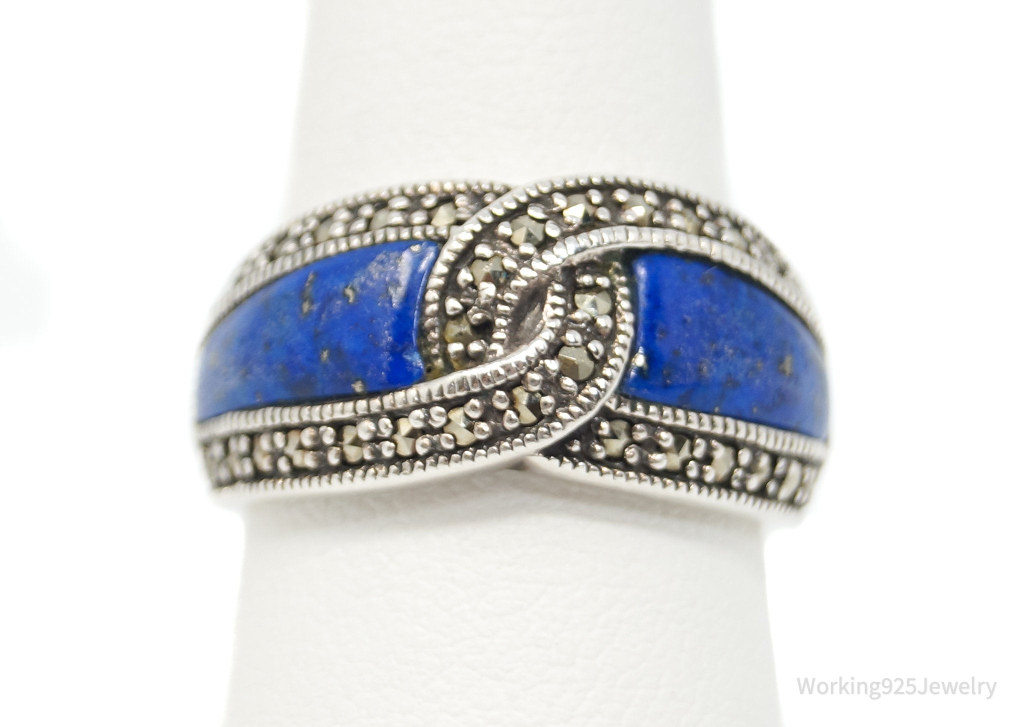 Vintage Designer CNA Lapis Lazuli Marcasite Sterling Silver Ring - Sz 7.25