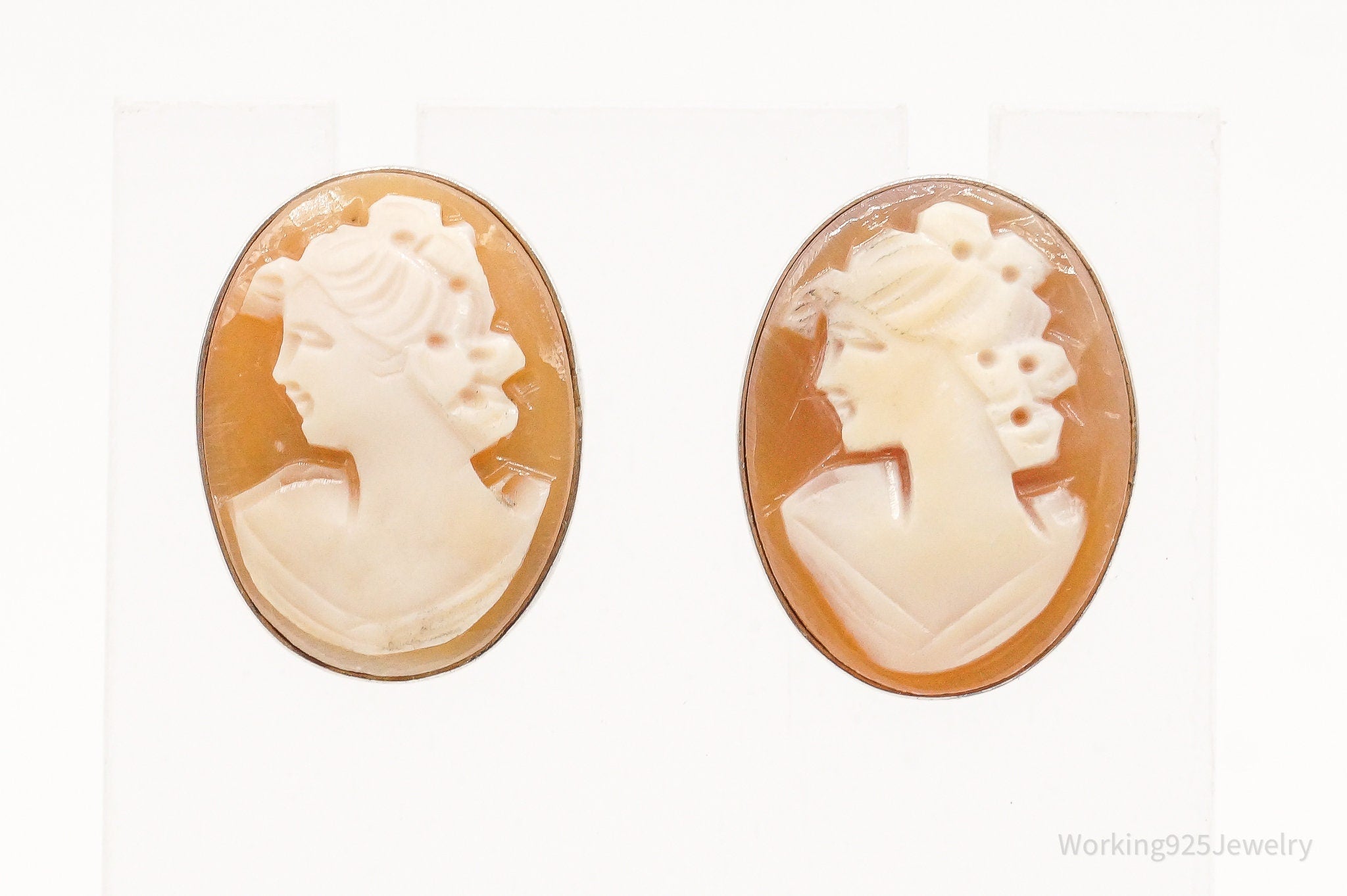 Vintage Carved Shell Woman Cameo Sterling Silver Earrings