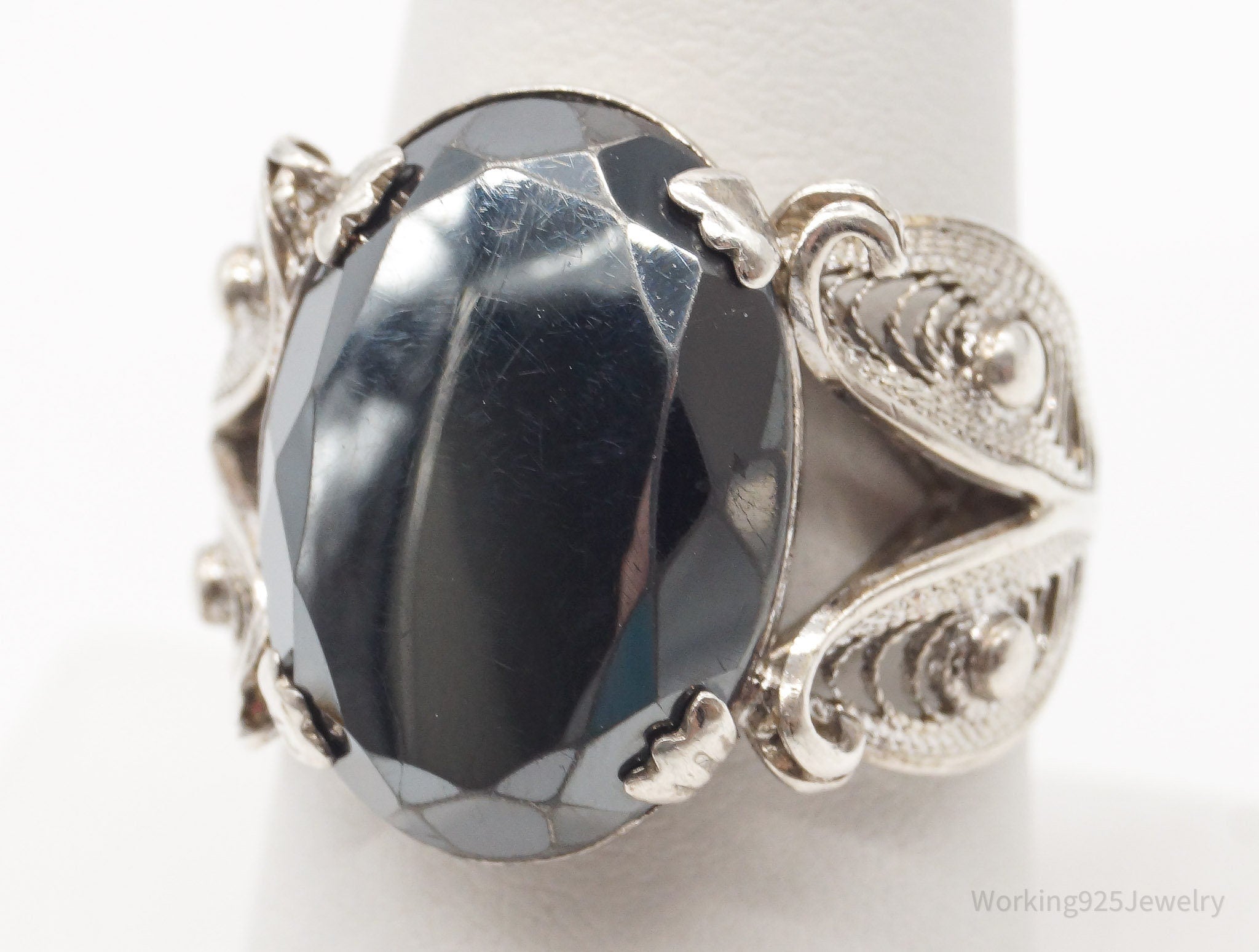 Antique Hematite Filigree Silver Ring - Size 7.25