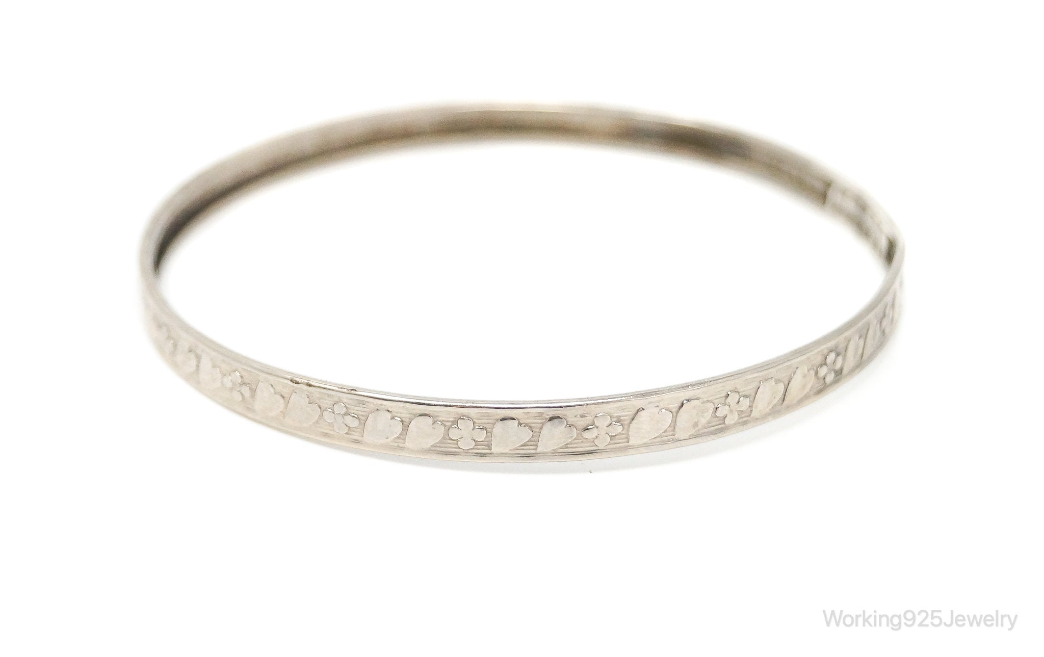 Antique Sterling Silver Heart Floral Bangle Bracelet