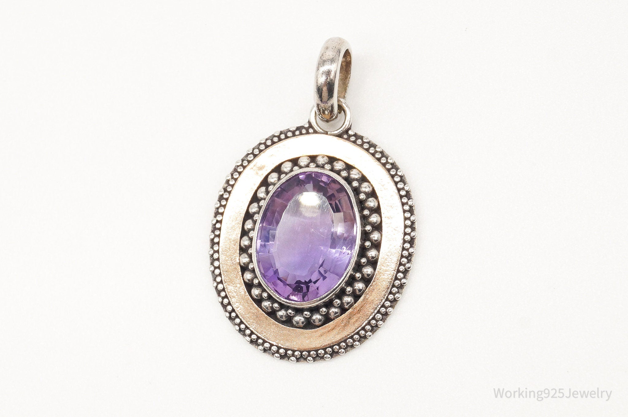 Large Vintage Amethyst Two Tone Sterling Silver Pendant