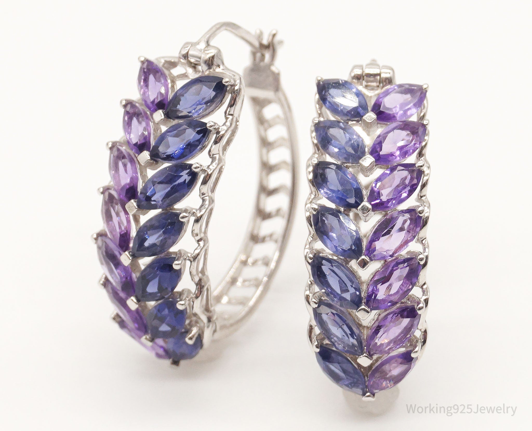 Vintage Amethyst Iolite Sterling Silver Hoop Earrings