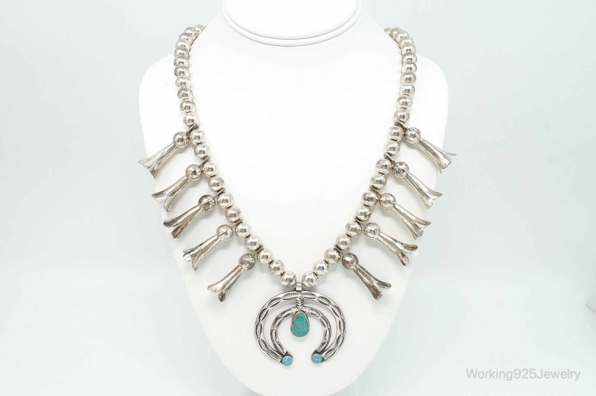 Native American Bell Trading Turquoise Squash Blossom Sterling Silver Necklace