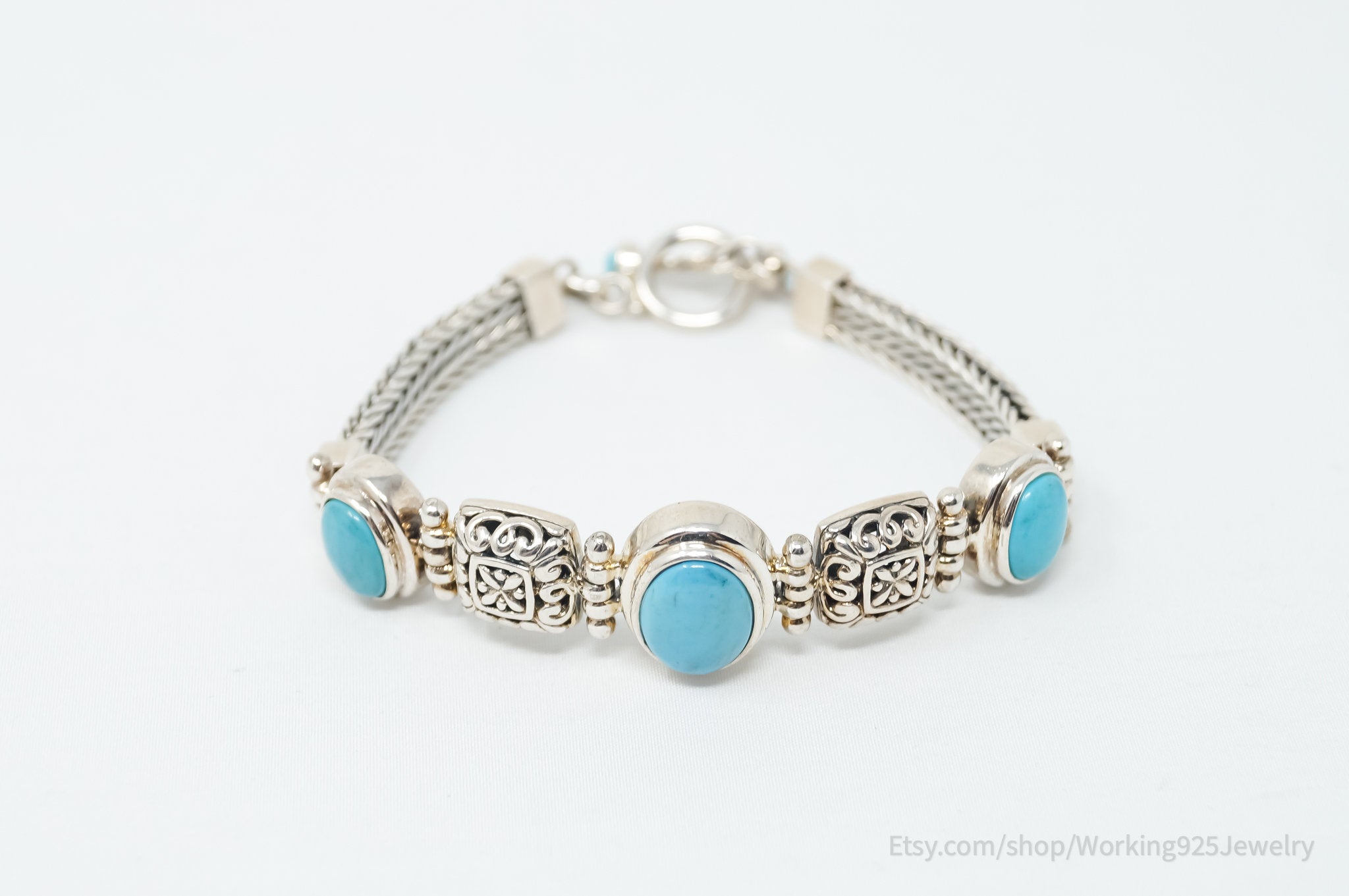 Vintage Blue Turquoise Sterling Silver Southwestern Bali Toggle Bracelet