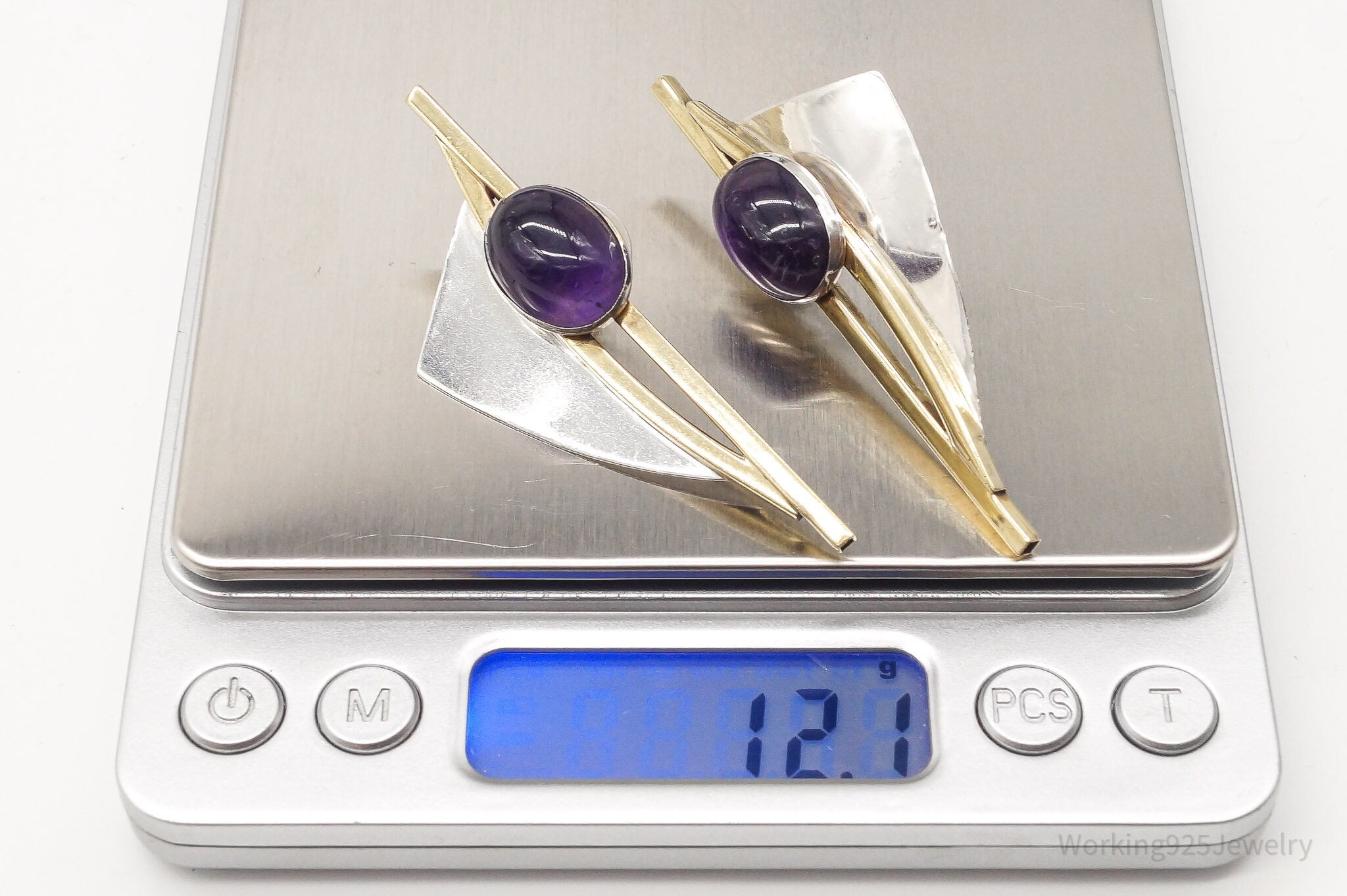 Large Vintage Modernist AJV Amethyst Brass Sterling Silver Earrings