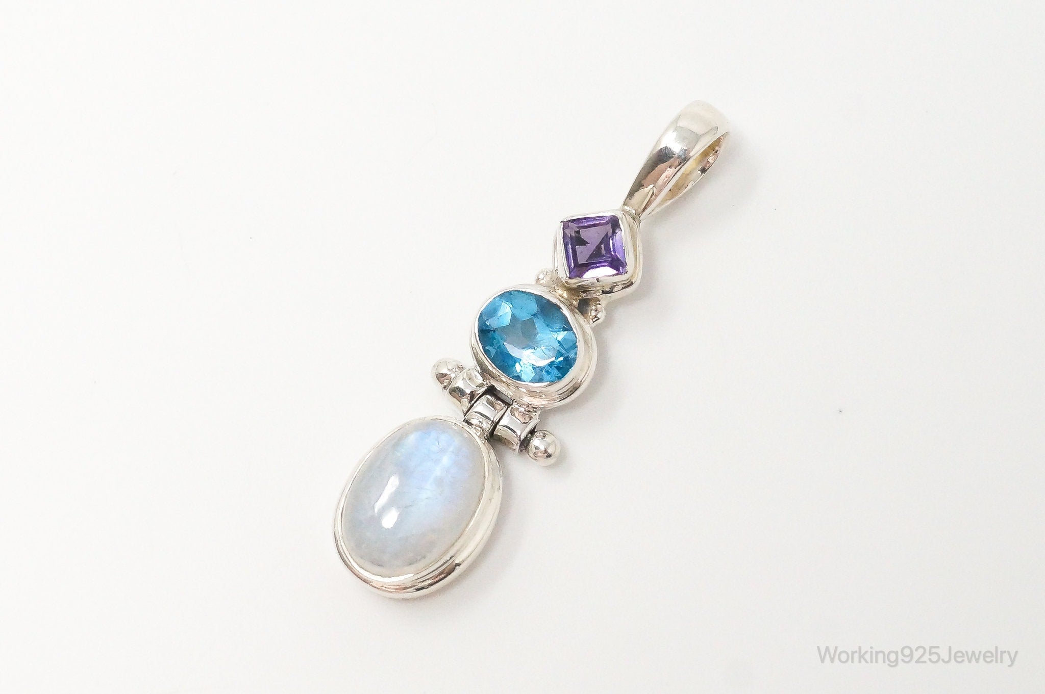 Large Vintage Blue Topaz Amethyst Moonstone Sterling Silver Pendant