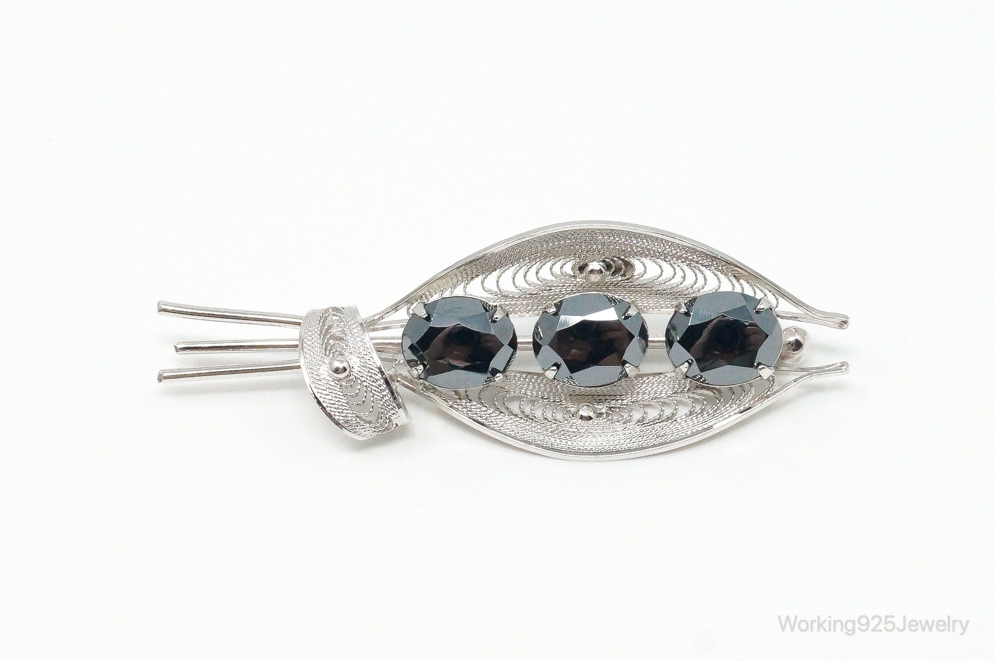 Vintage Designer Sorrento Hematite Filigree Sterling Silver Brooch Pin