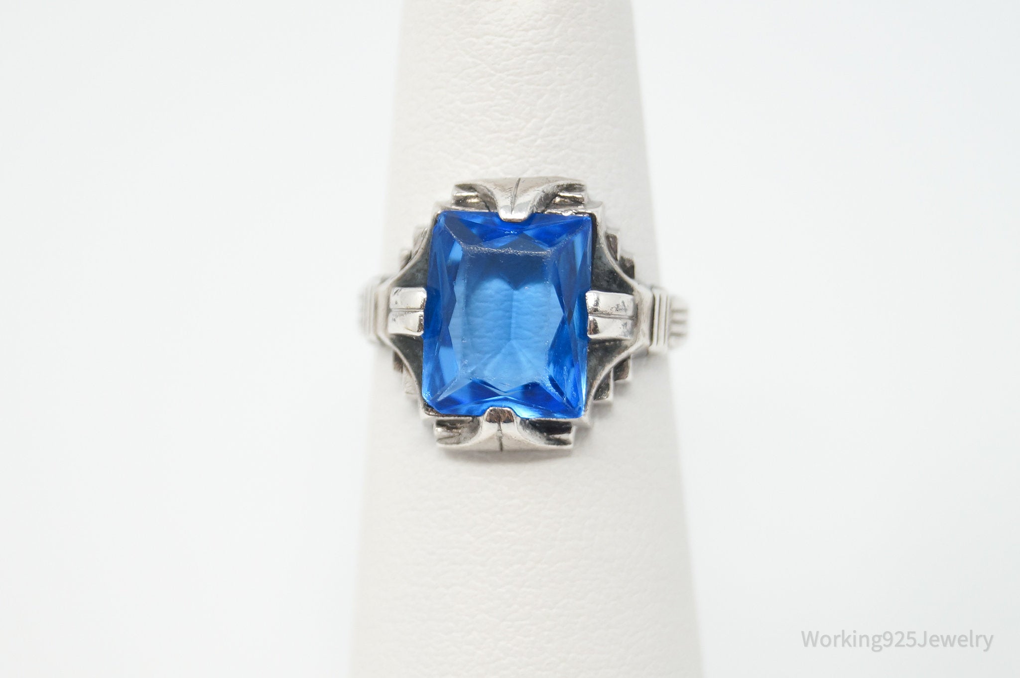 Antique Blue Glass Sterling Silver Statement Ring - Sz 4