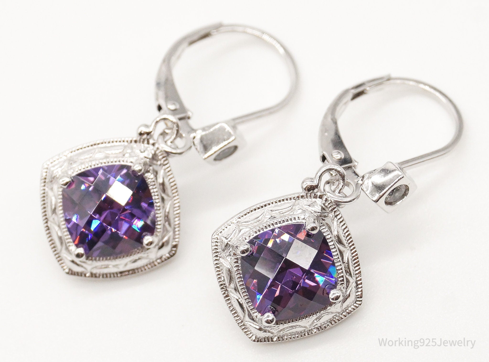 Vintage Designer Purple & White Cubic Zirconia Sterling Silver Earrings