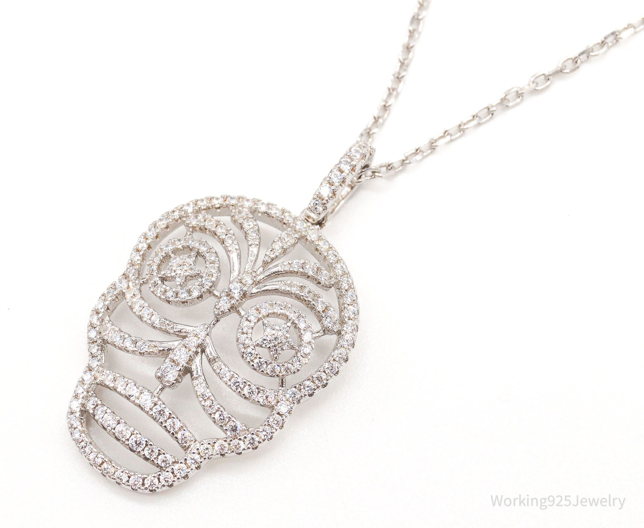 Vintage Cubic Zirconia Skull Sterling Silver Necklace