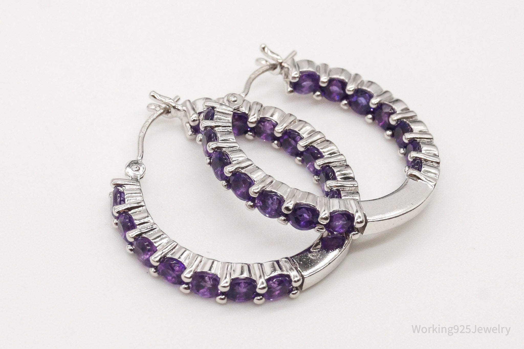 Vintage Amethyst Sterling Silver Hoop Earrings