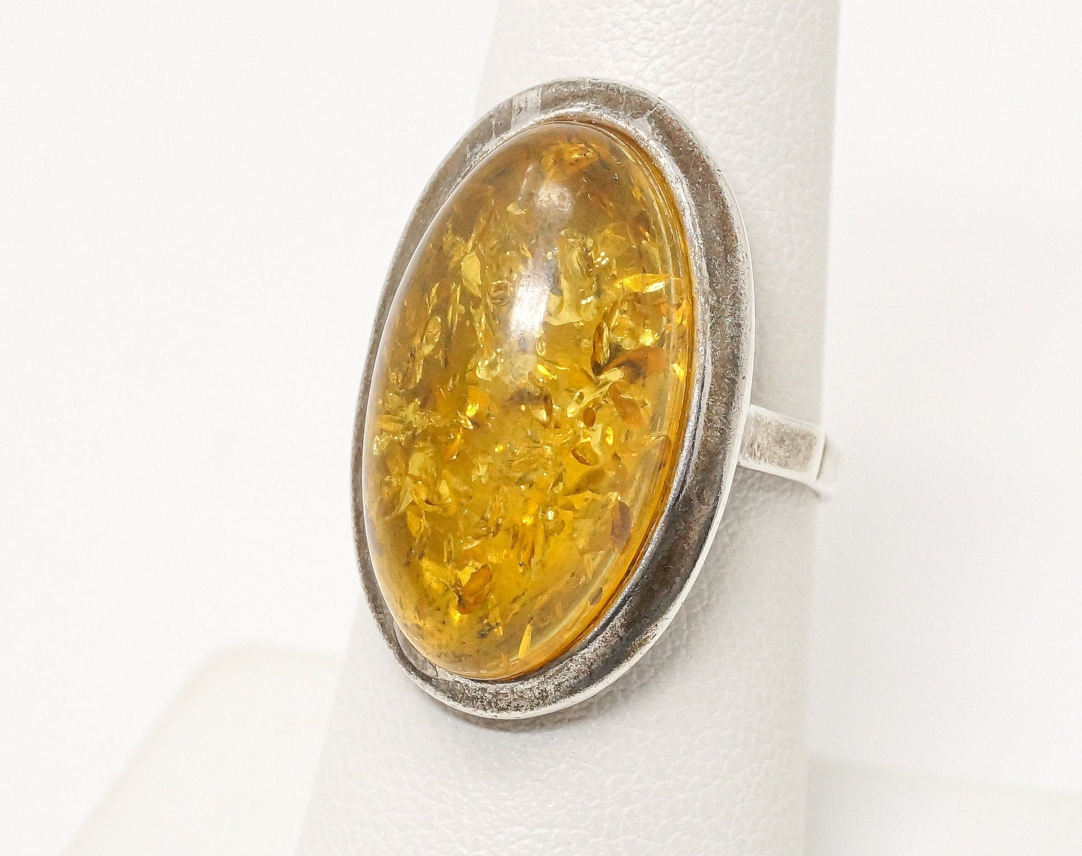 Vintage Large Amber Modern Sterling Silver Ring - Sz 7