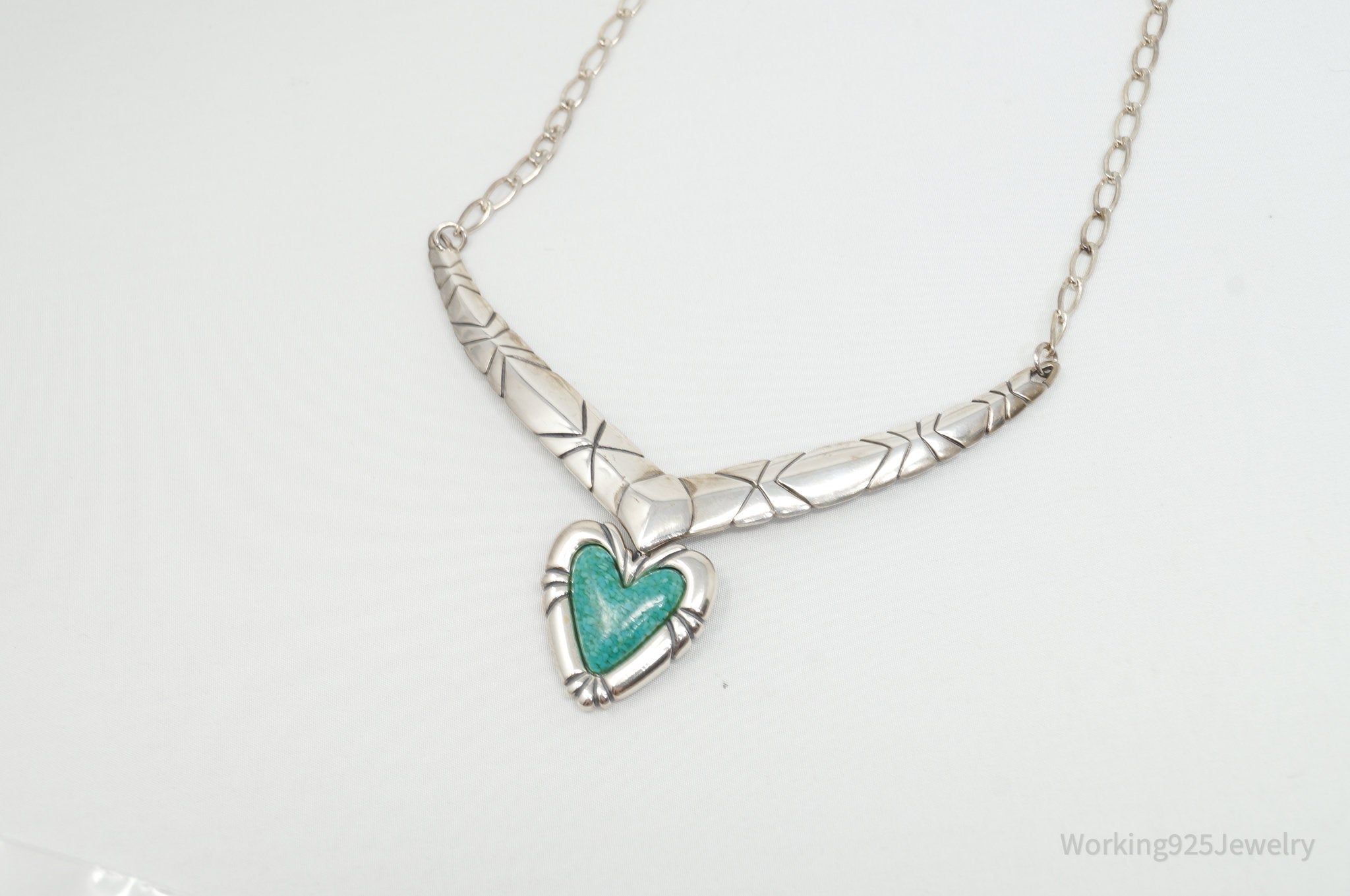 Vintage Designer Carolyn Pollack Turquoise Heart Sterling Silver Necklace