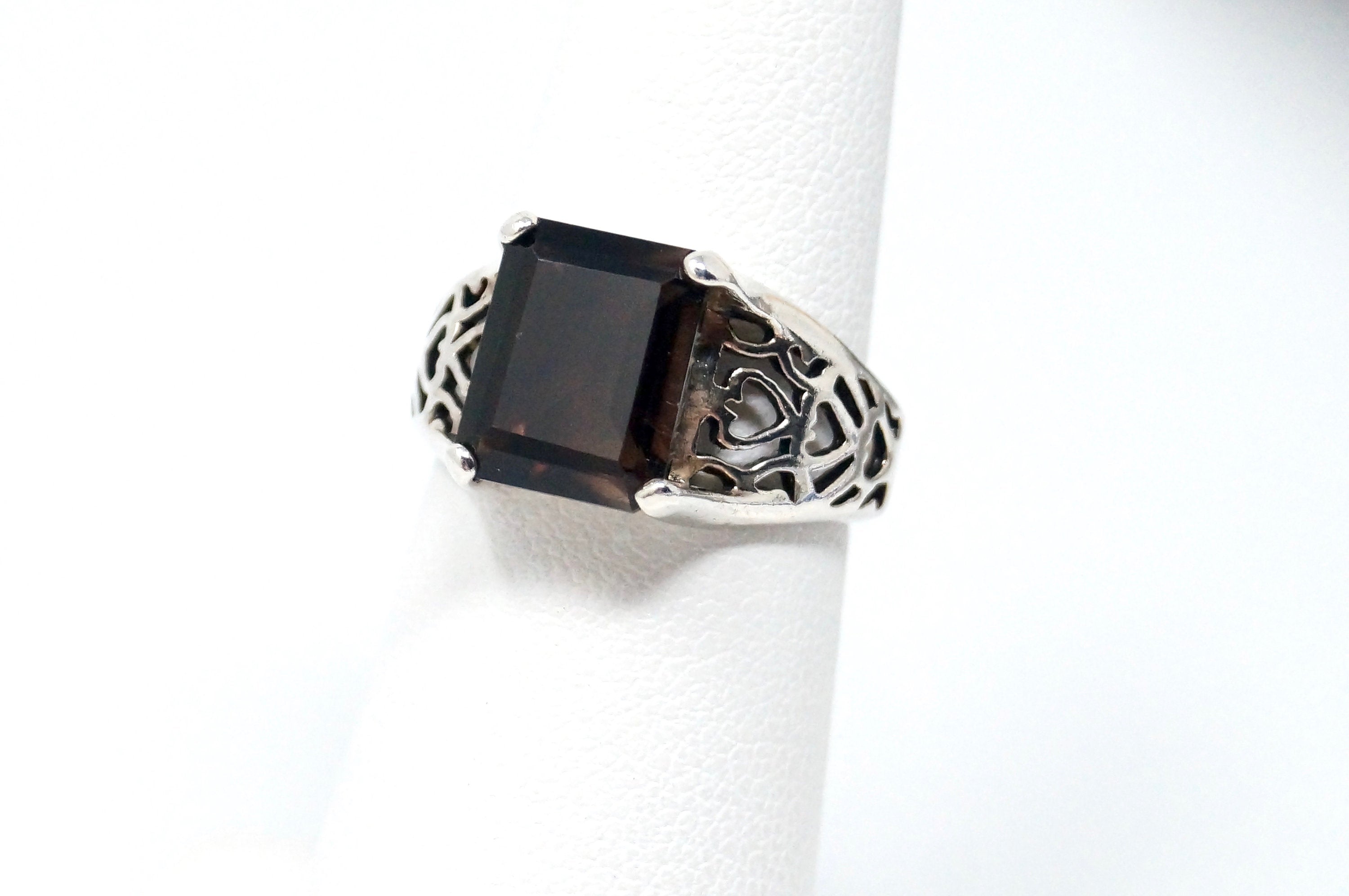 Vintage Art Deco Style Smoky Topaz Gemstone Sterling Silver Ring - Size 5