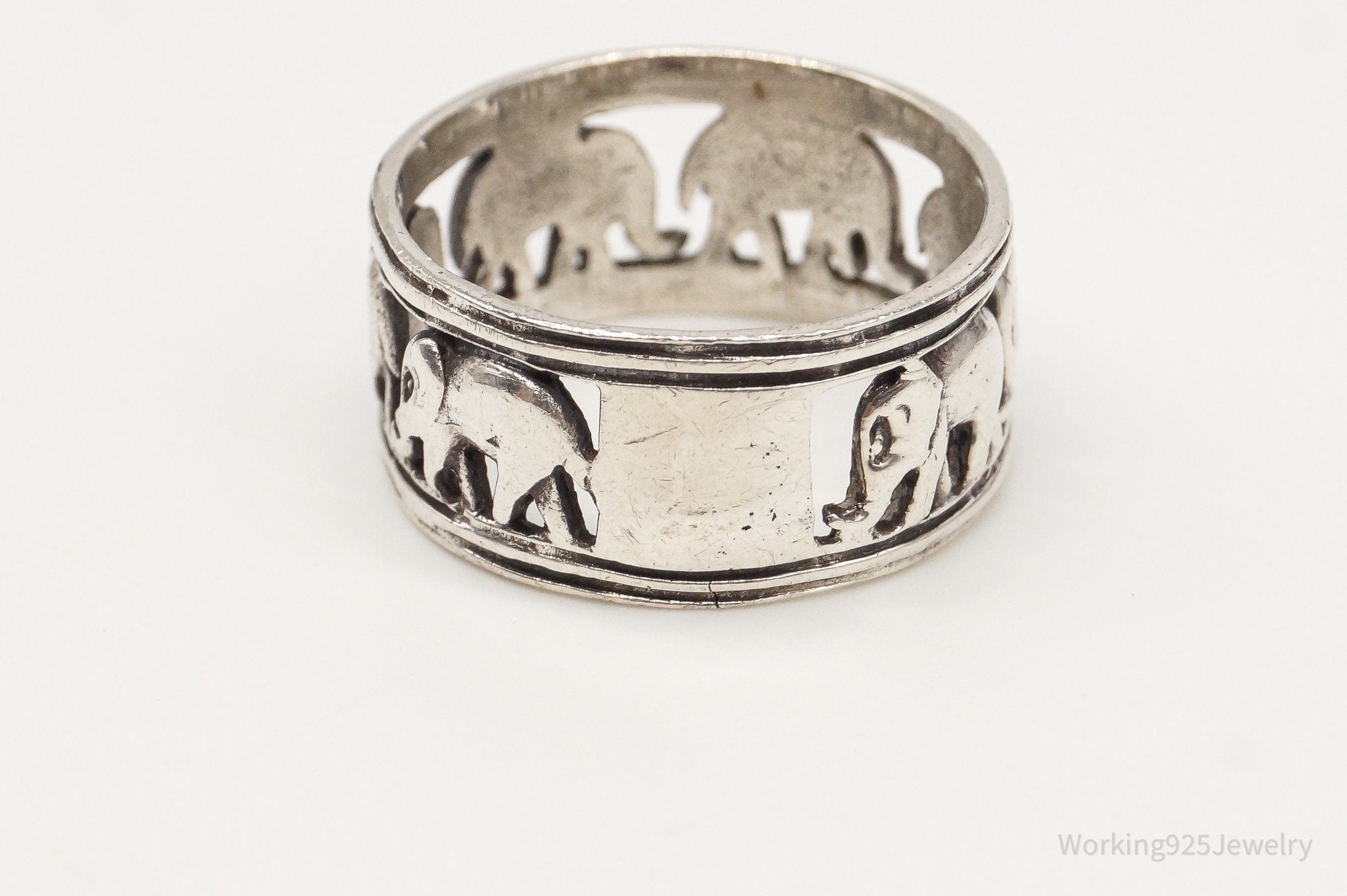 Vintage Elephants Good Luck Sterling Silver Band Ring - Size 8.75