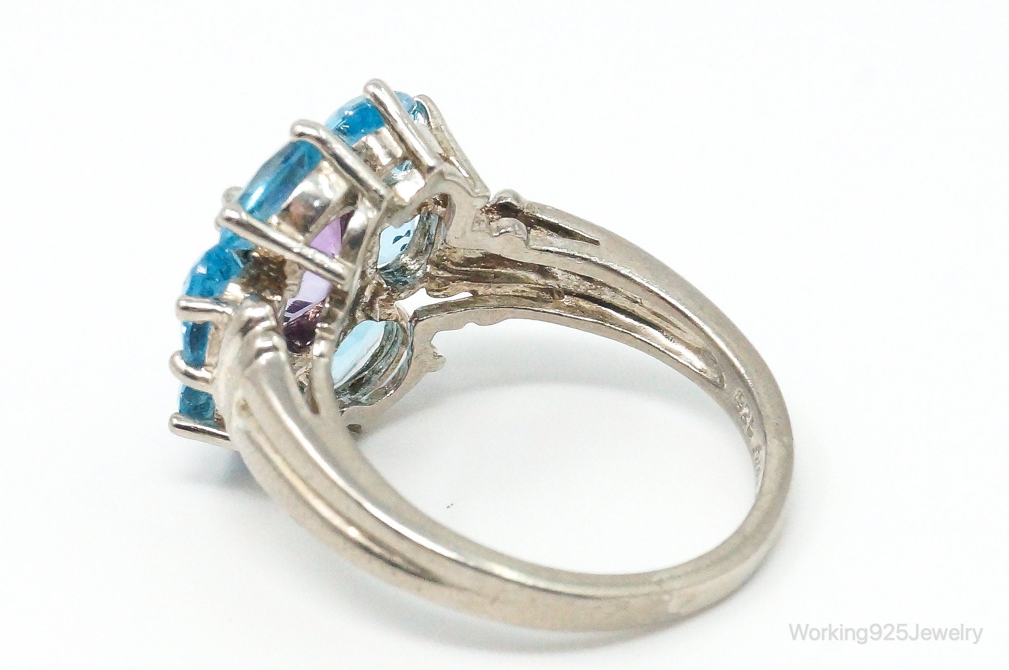 Vintage Blue Topaz Purple Amethyst Sterling Silver Cluster Ring Size 7.25