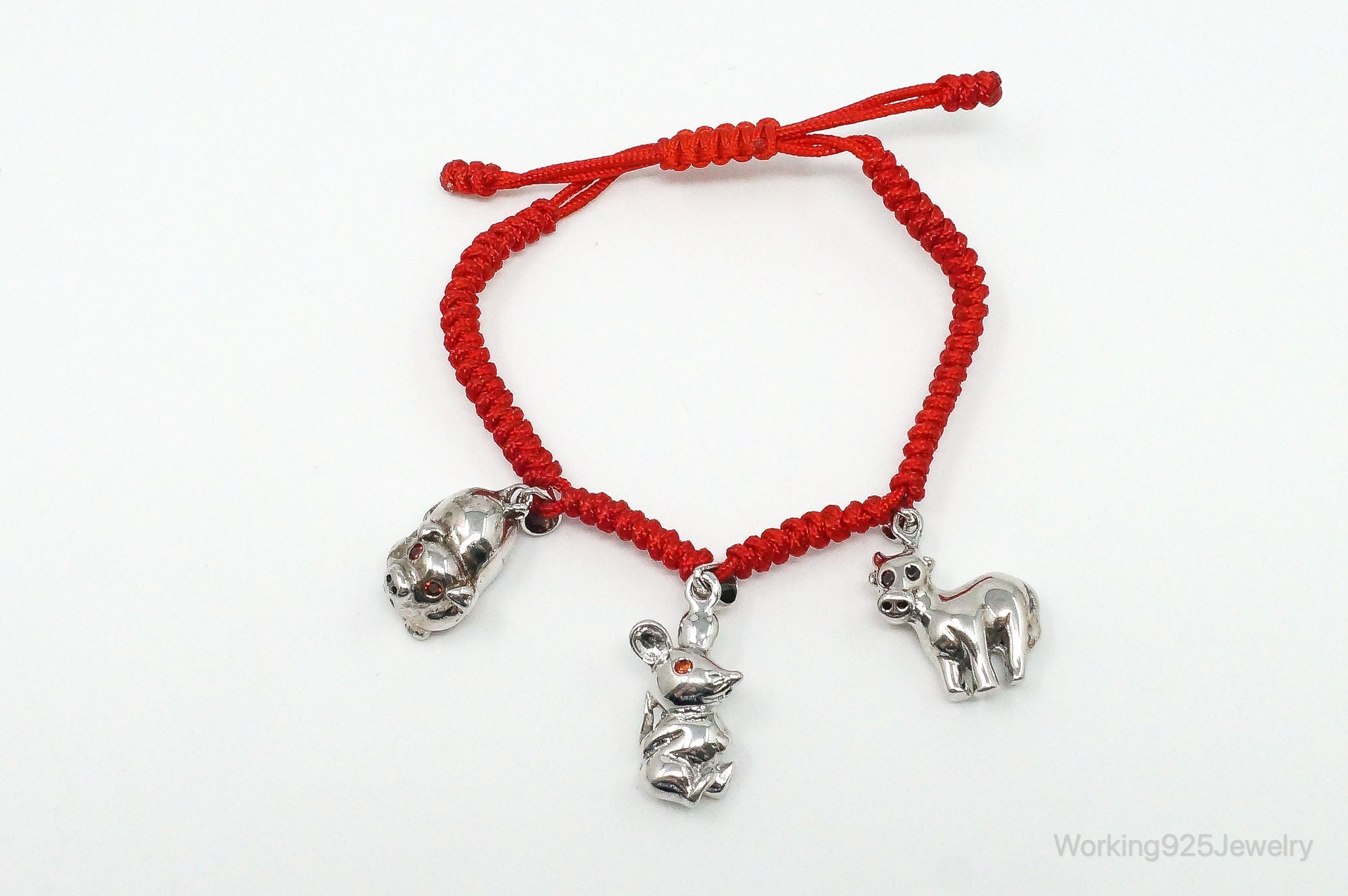 Vintage Animals Garnet Sterling Silver Charms Red Braided Cord Bracelet Adj.