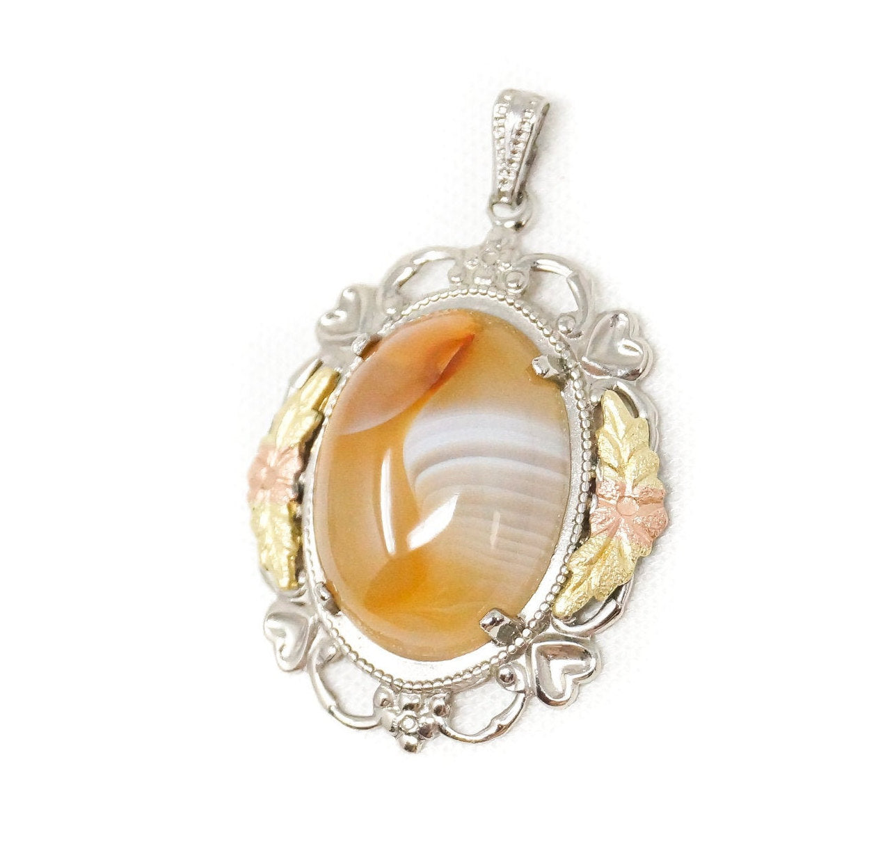 Vintage Designer LSP Co Orange Lace Agate 12k Gold Sterling Silver Pendant