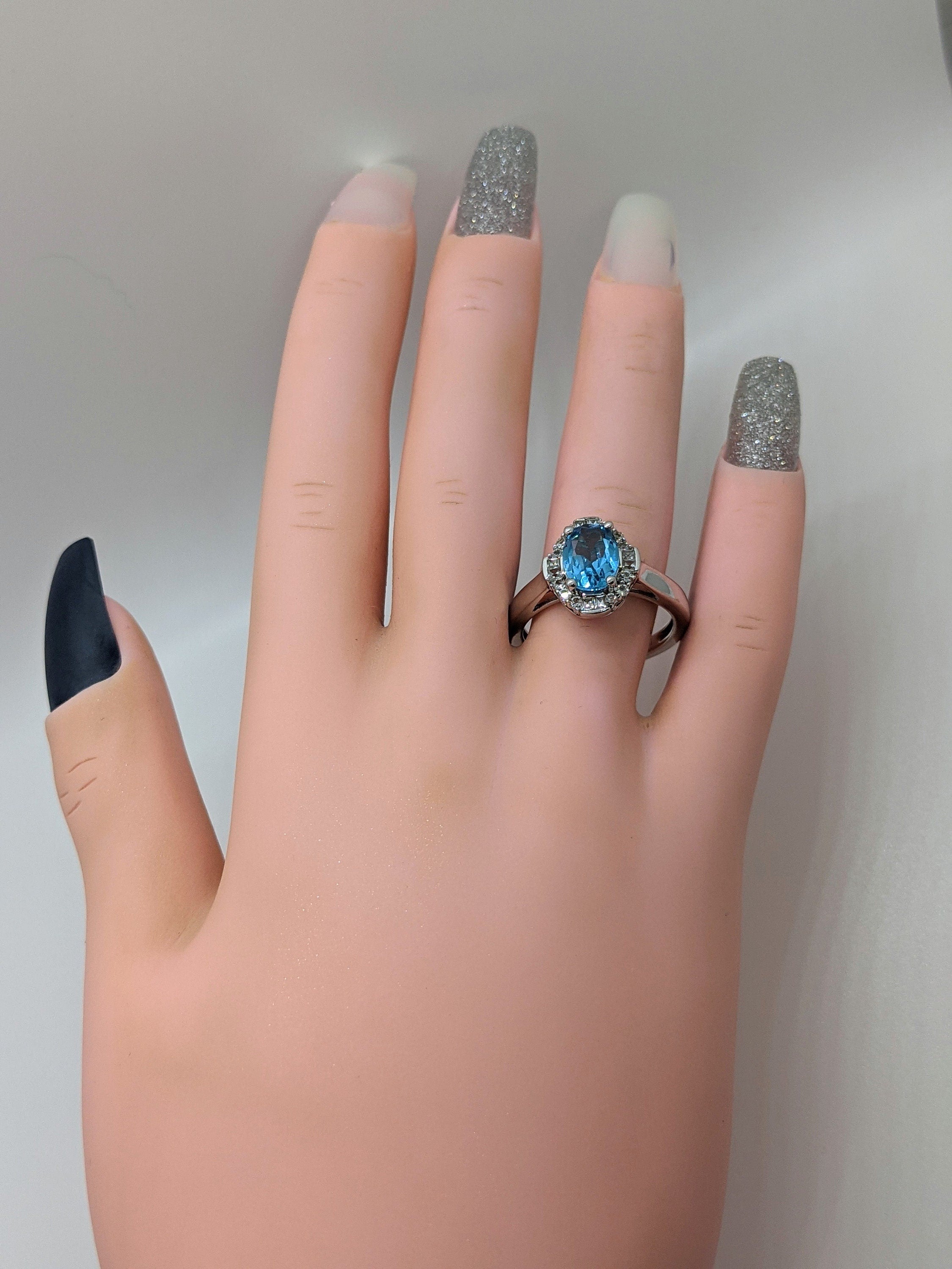 Vintage Designer PM Oval Blue Topaz Cubic Zirconia Sterling Silver Ring Size 7