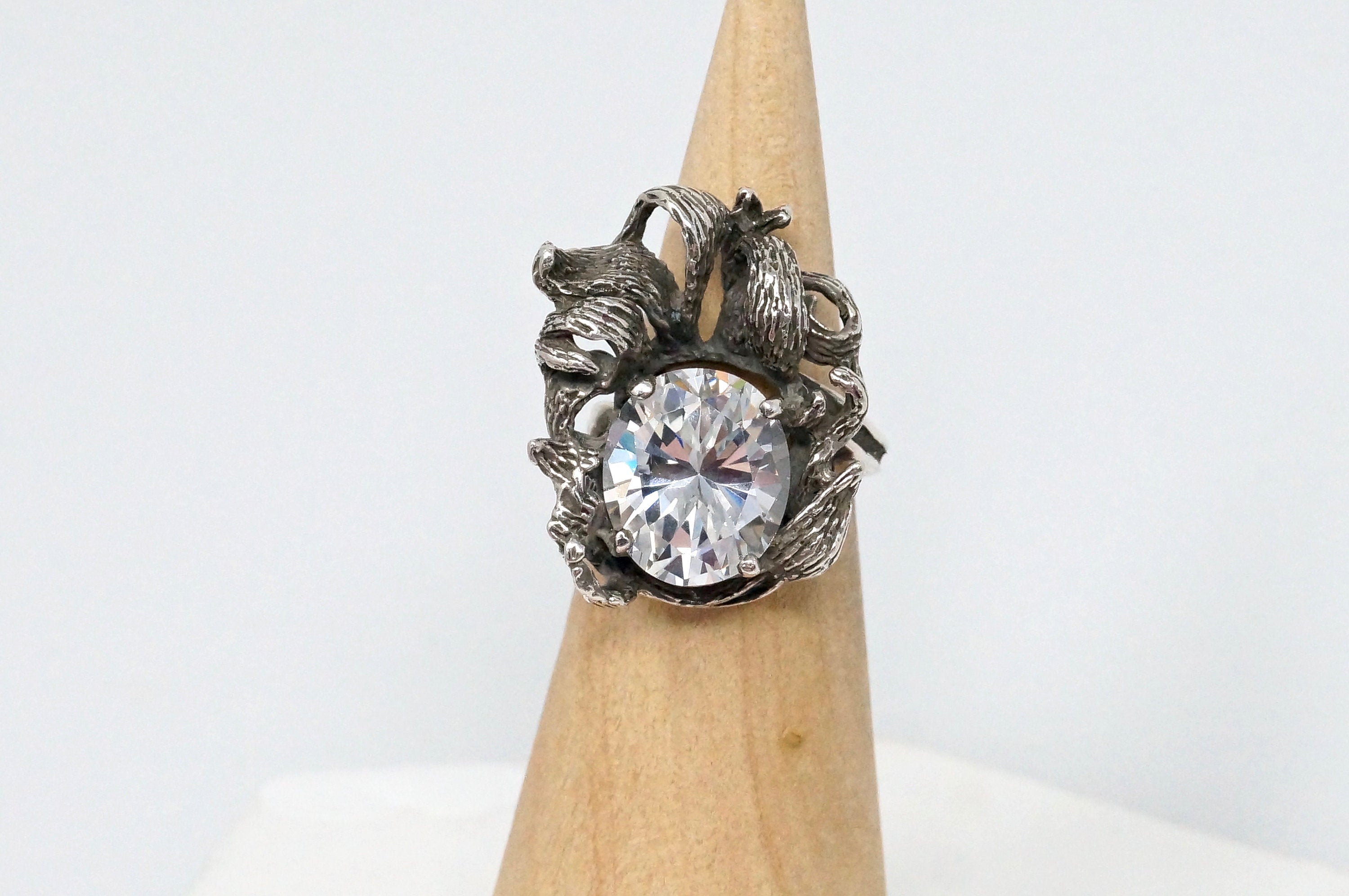 Vintage Art Nouveau Motif CZ Oxidized Sterling Silver Statement Ring - Size 6