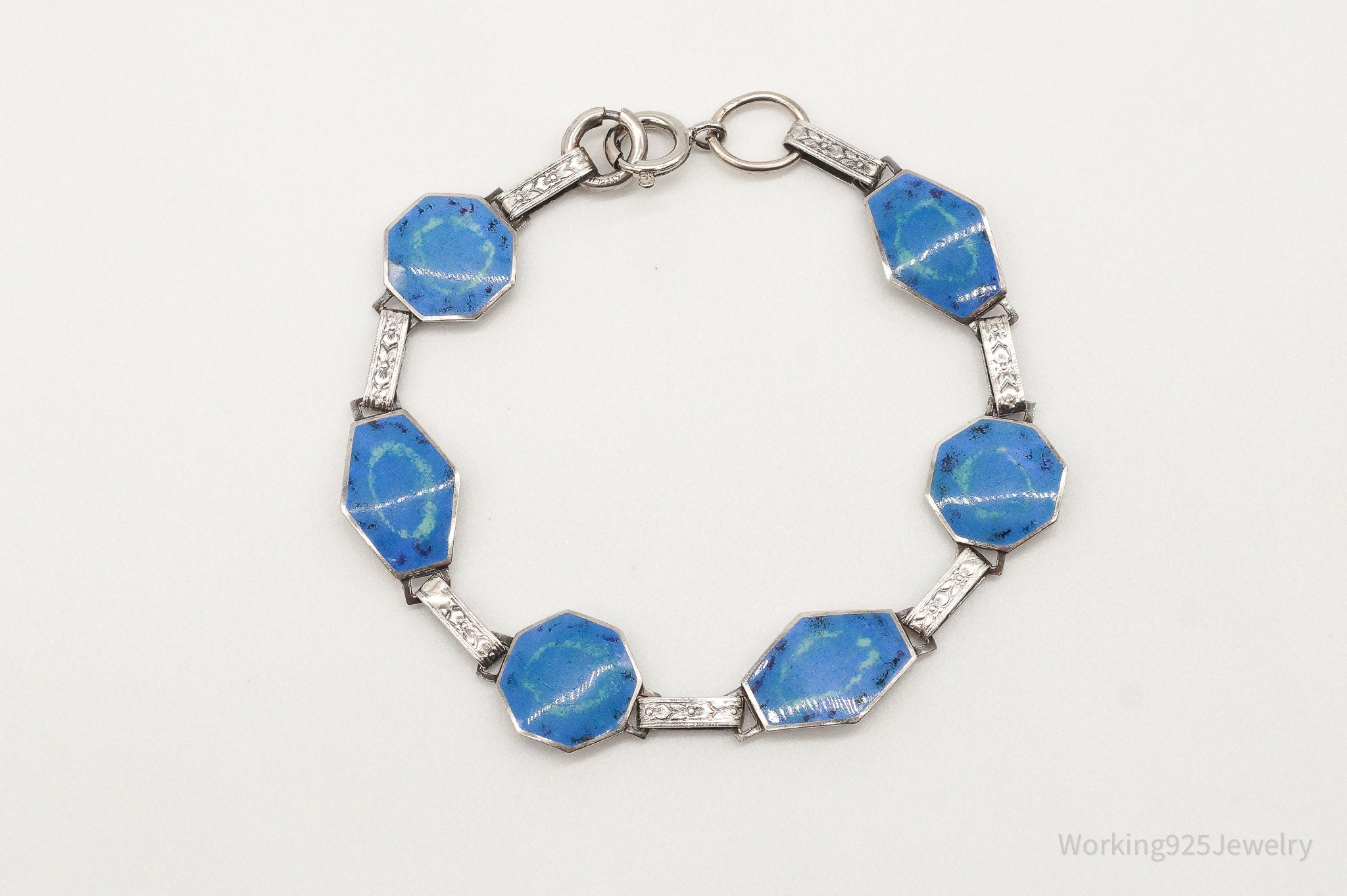 Antique Blue Enamel Flower Pattern Sterling Silver Bracelet