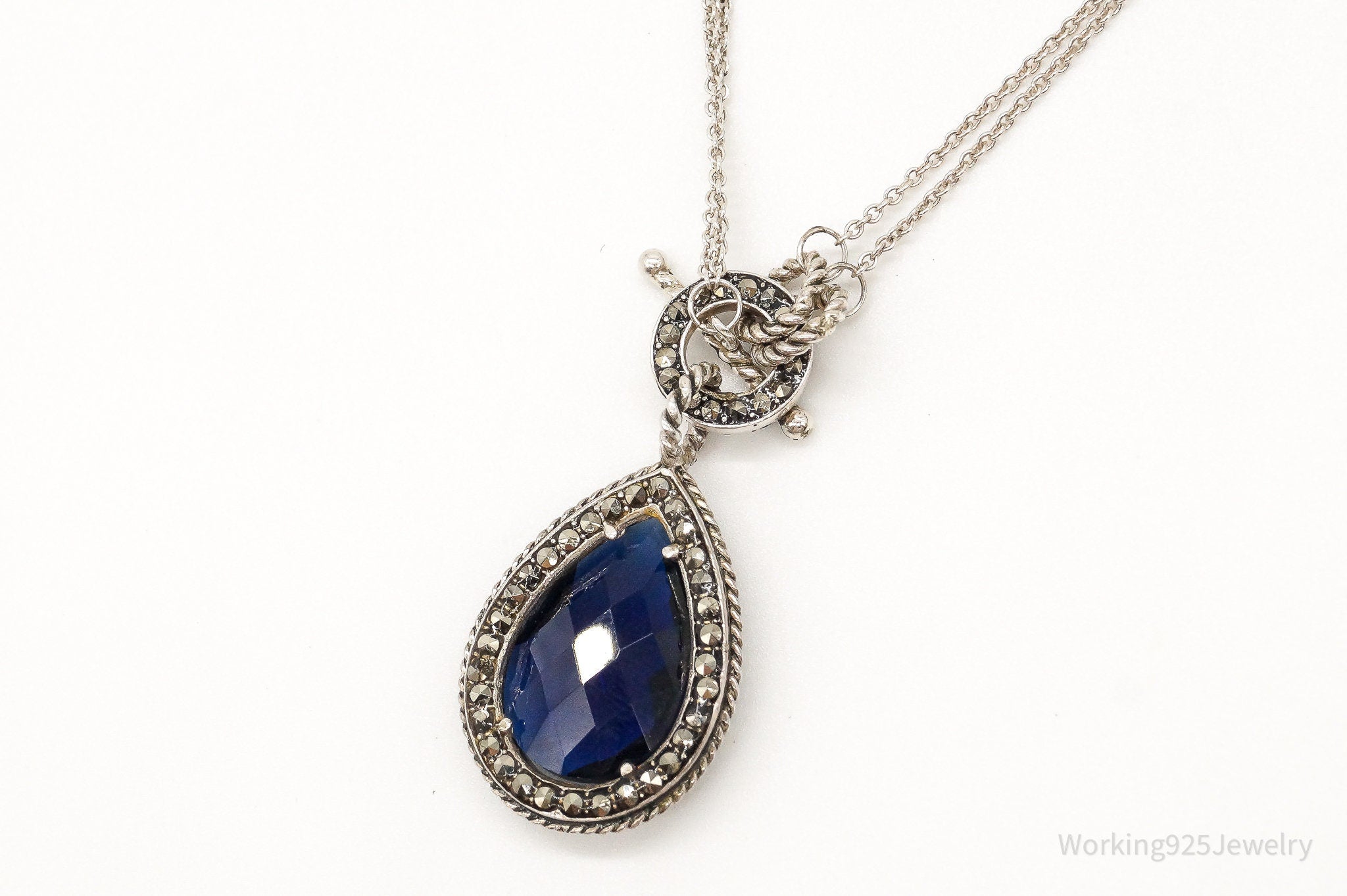 Designer Judith Jack Blue Stone Marcasite Sterling Silver Necklace