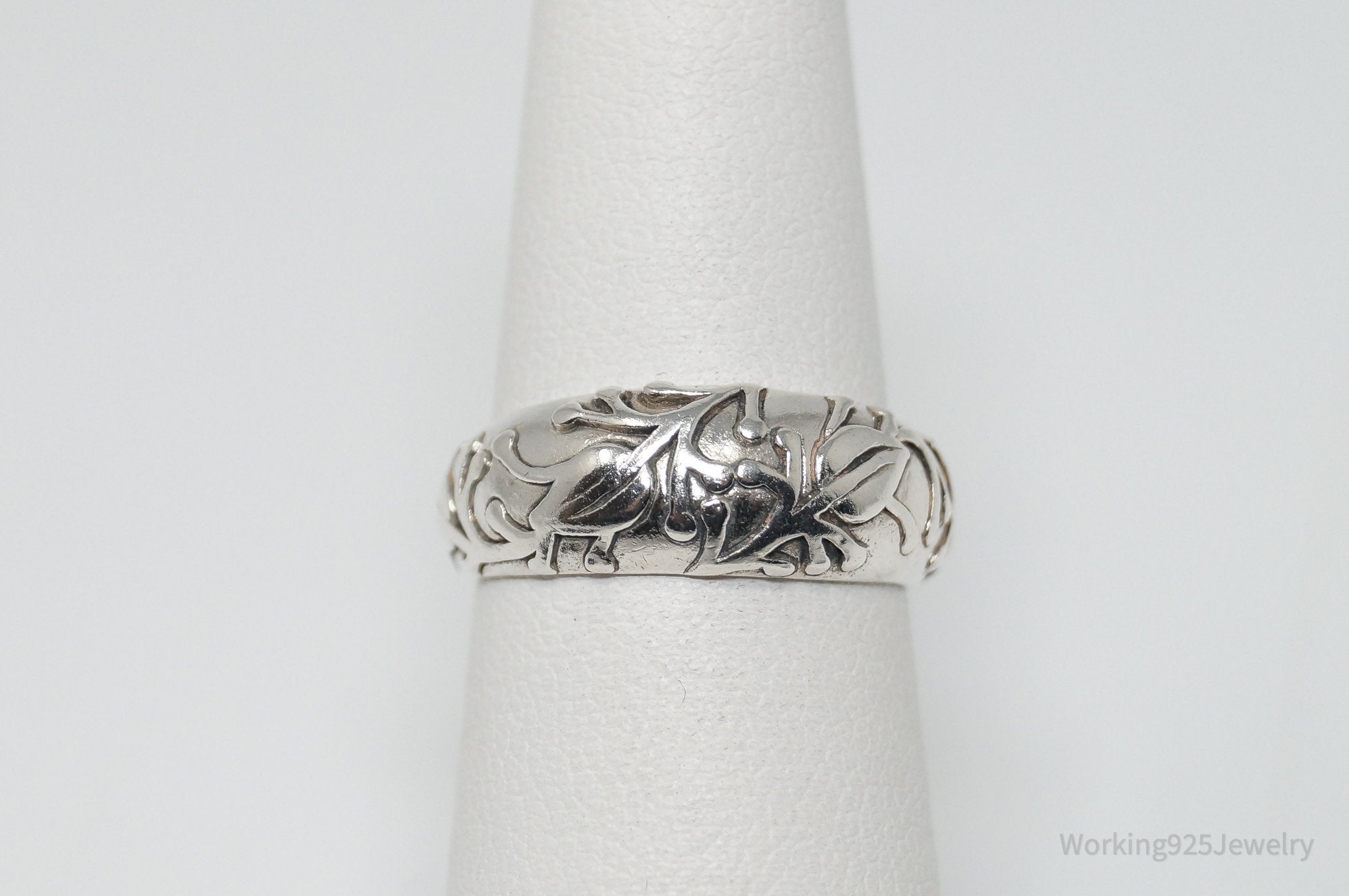 Vintage Designer JEZ Leaf Floral Design Sterling Silver Band Ring - Size 5.5