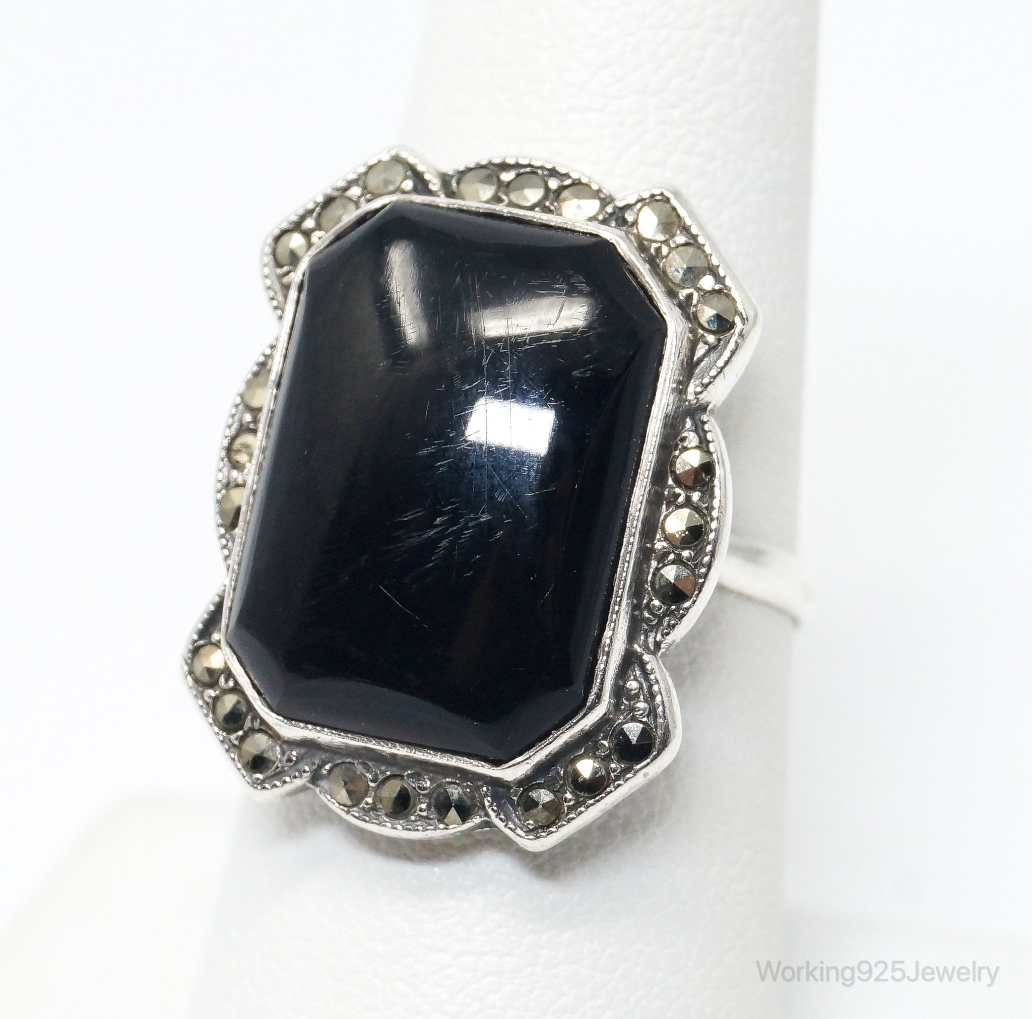 Antique Designer Uncas MFG CO Black Onyx Marcasite Sterling Silver Ring - SZ 7.5