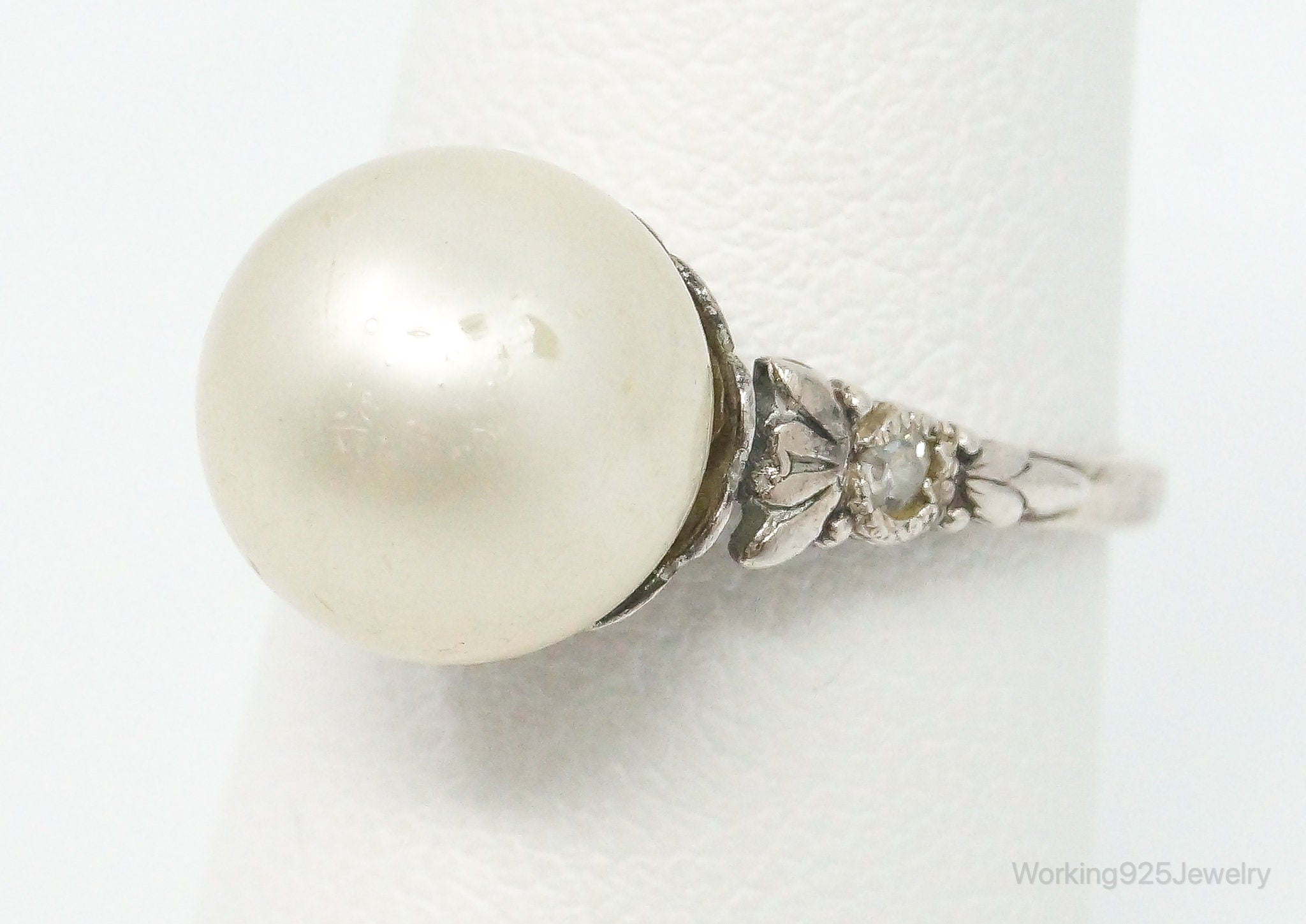 Antique Victorian Faux Pearl Marcasite CZ Sterling Silver Ring - Size 6.5