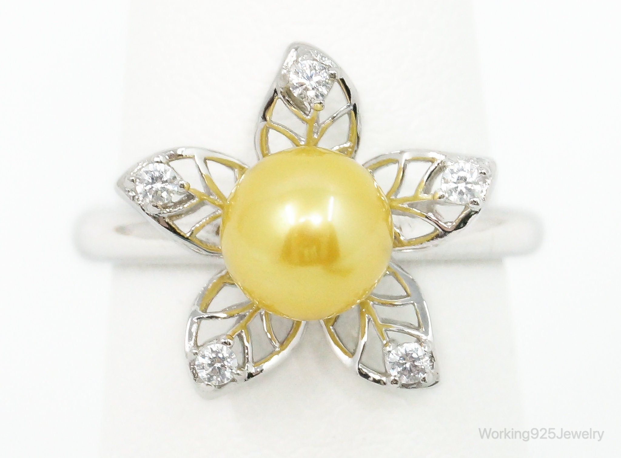 Faux Yellow Pearl Cubic Zirconia Flower Sterling Silver Ring SZ 5.75 Adjustable