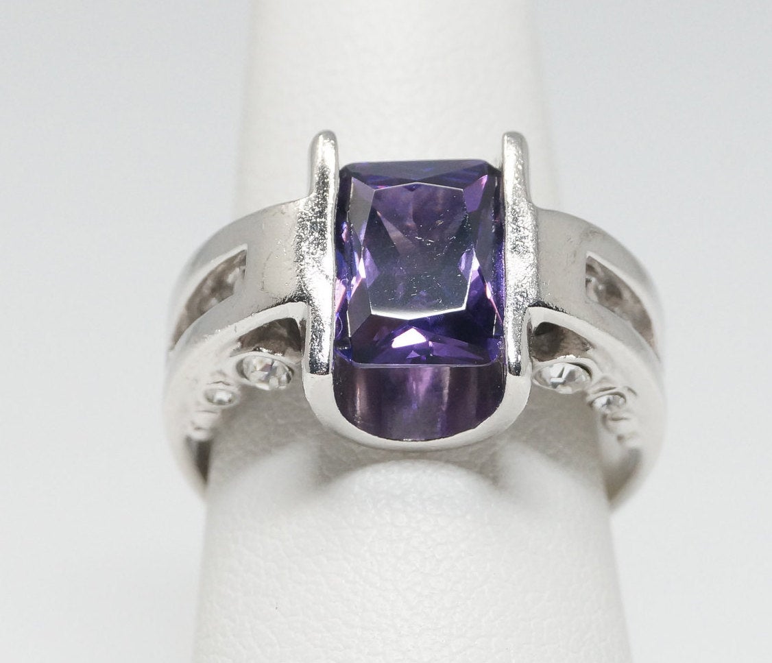 Vintage Art Deco Style Amethyst CZ Statement Ring Sterling Silver - Sz 9.25