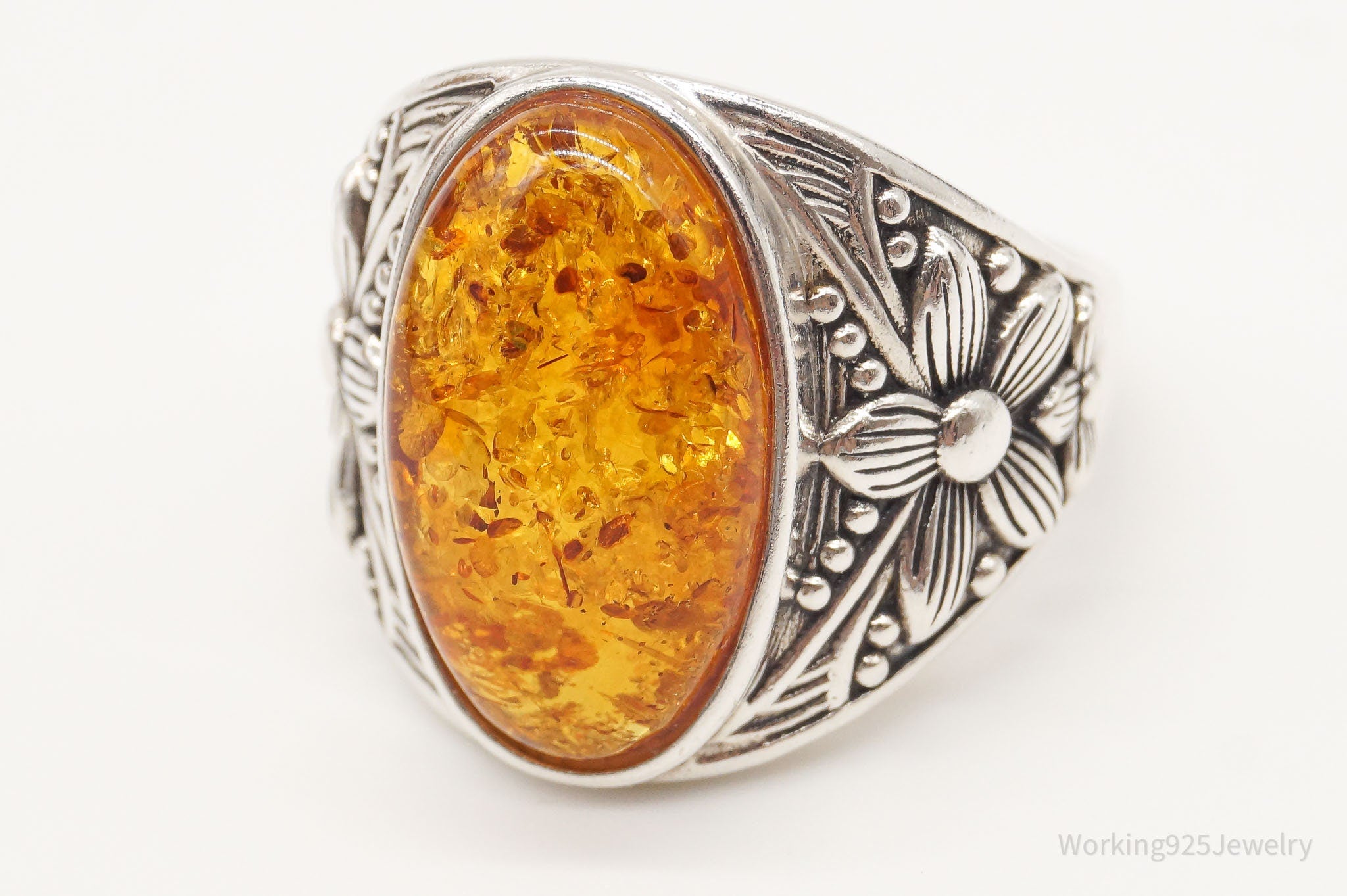 Vintage Designer BBJ Large Amber Sterling Silver Ring - Size 11