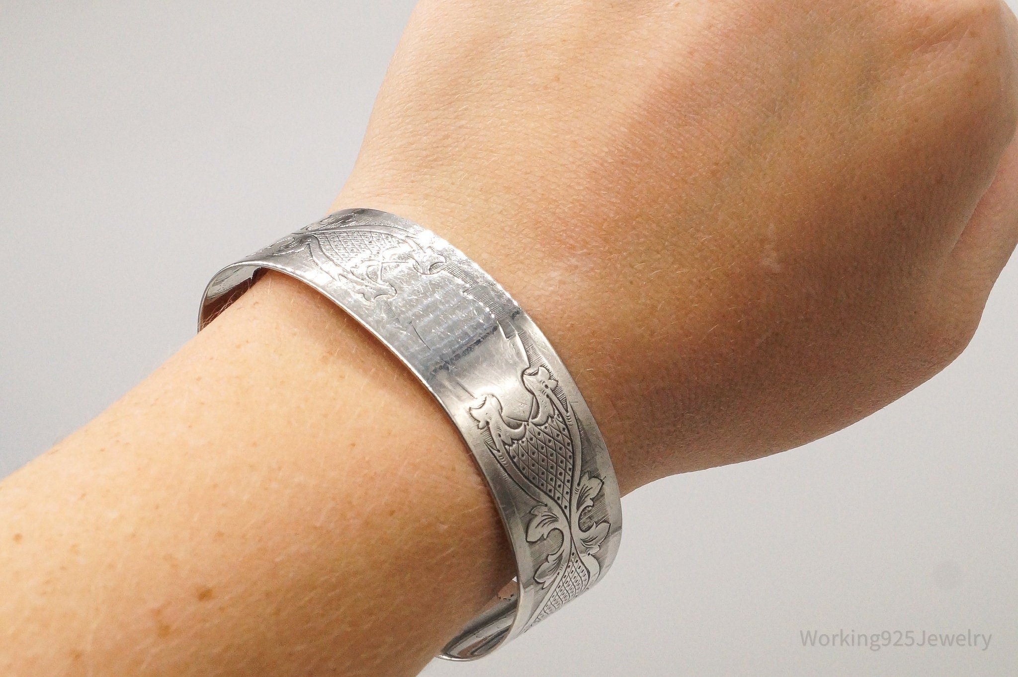 Antique Etched Art Nouveau Sterling Silver Cuff Bracelet