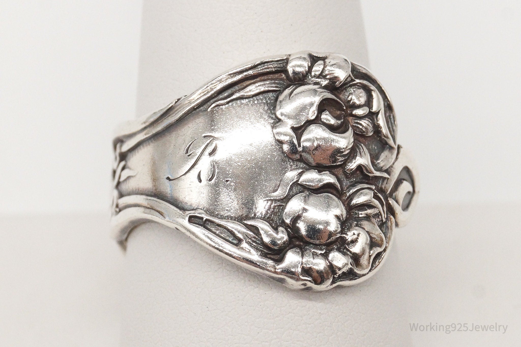 Antique B initial Art Nouveau Silver Spoon Ring Adjustable Size 9.5