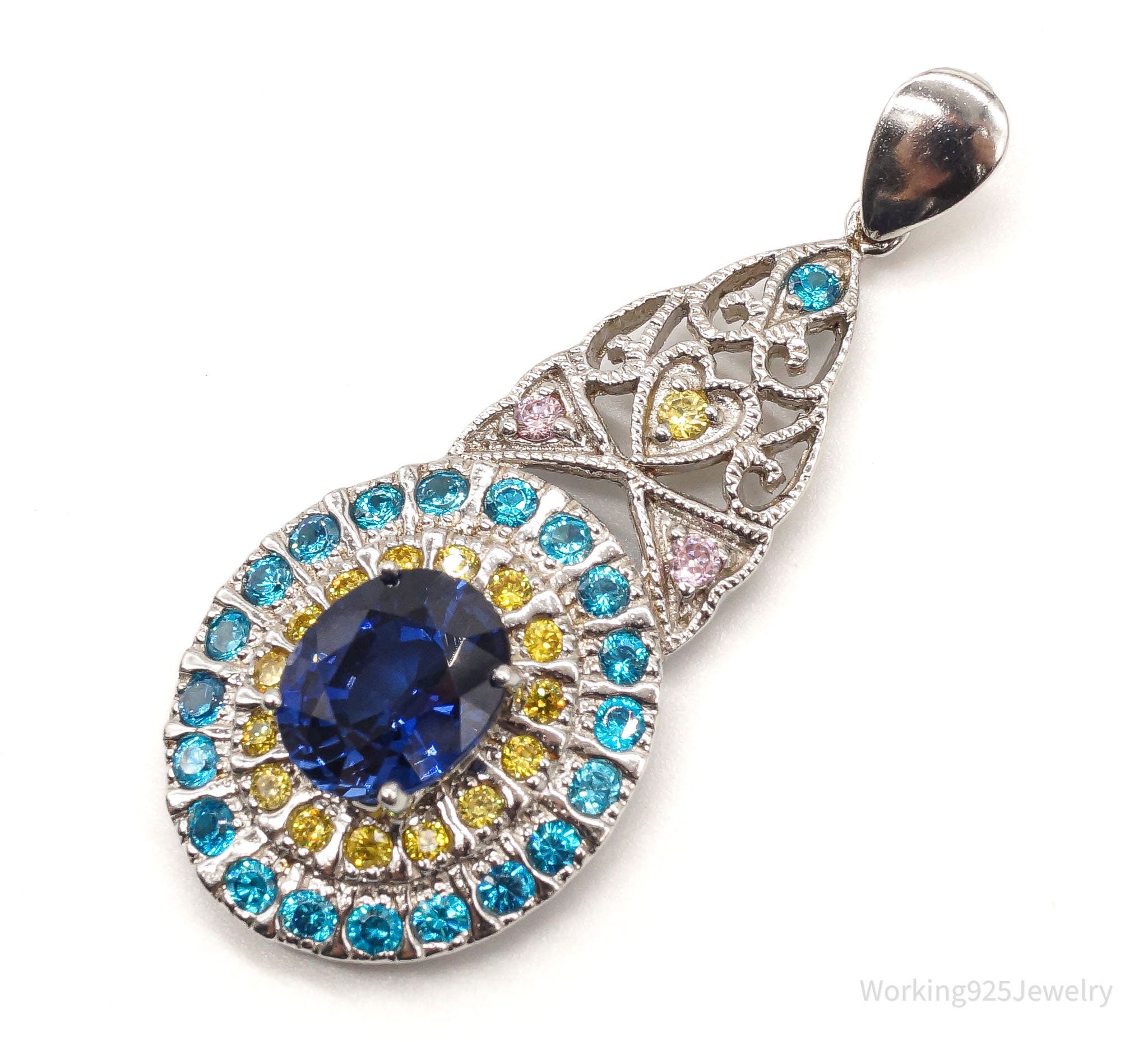 Large Lab Sapphire Multi Color CZ Rhodium Over Sterling Silver Pendant