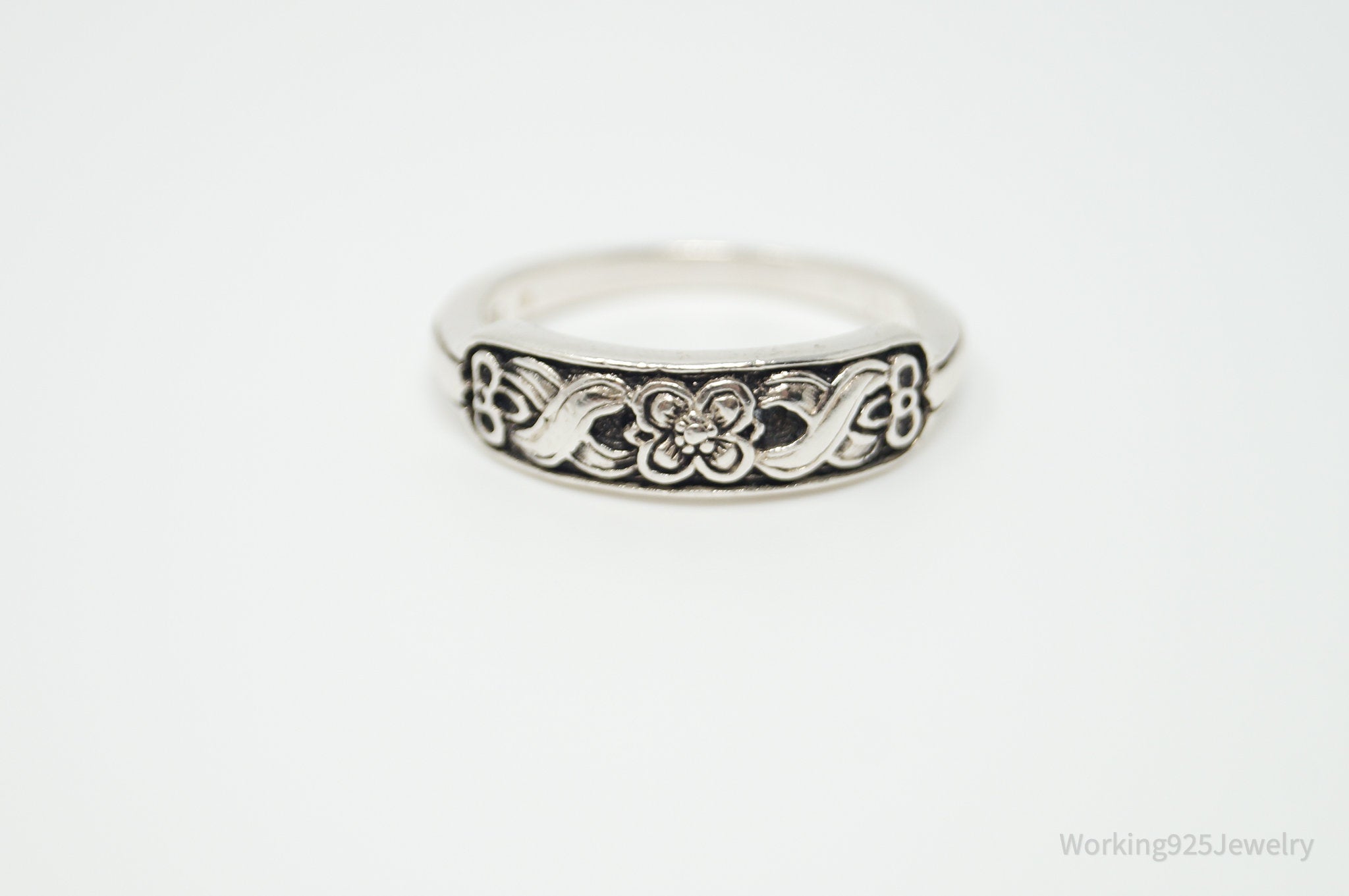 Vintage Floral Art Nouveau Etched Sterling Silver Ring - Sz 7.5