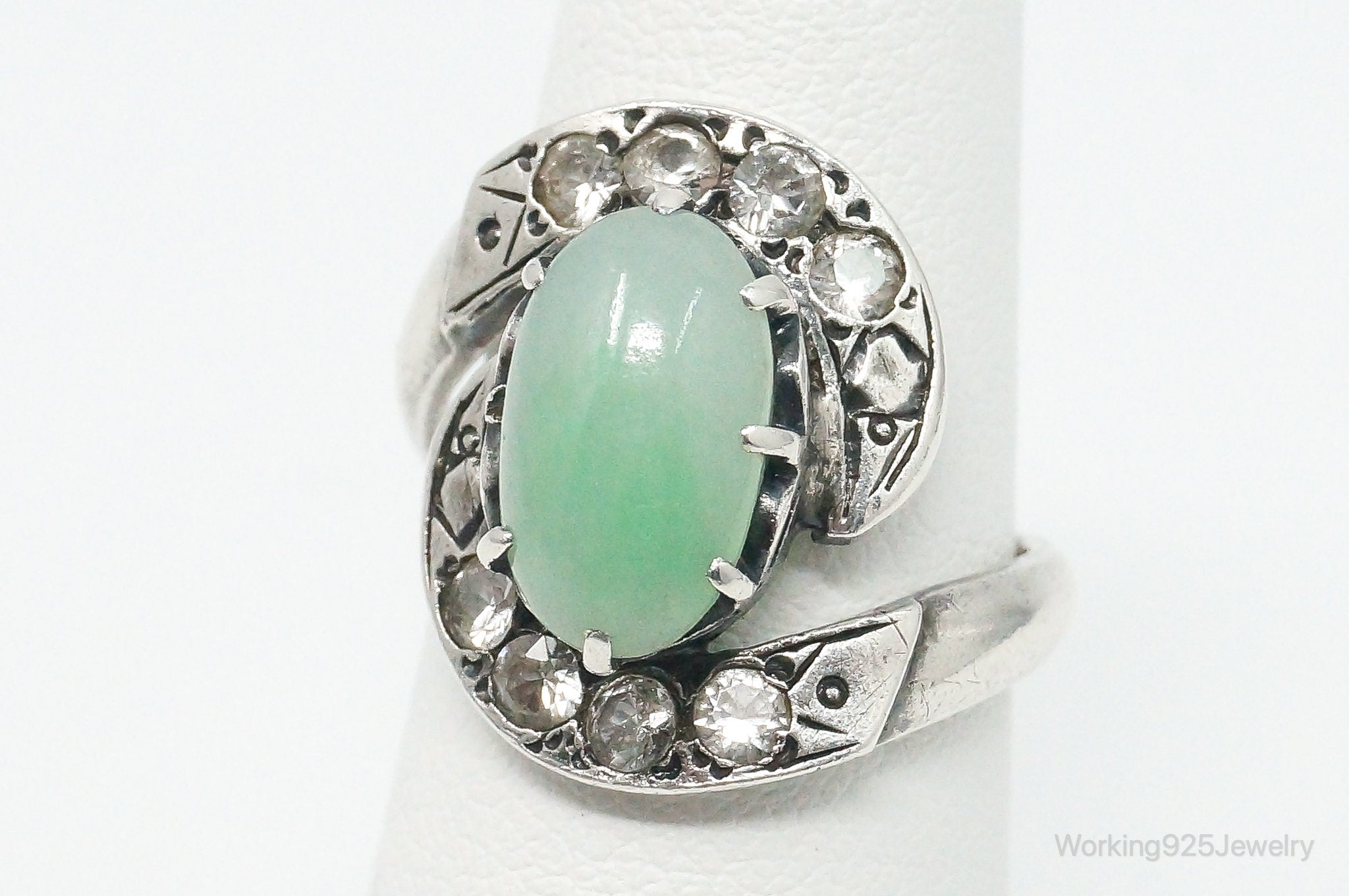 Antique Cubic Zirconia Green Gemstone Sterling Silver Ring - Size 6.5